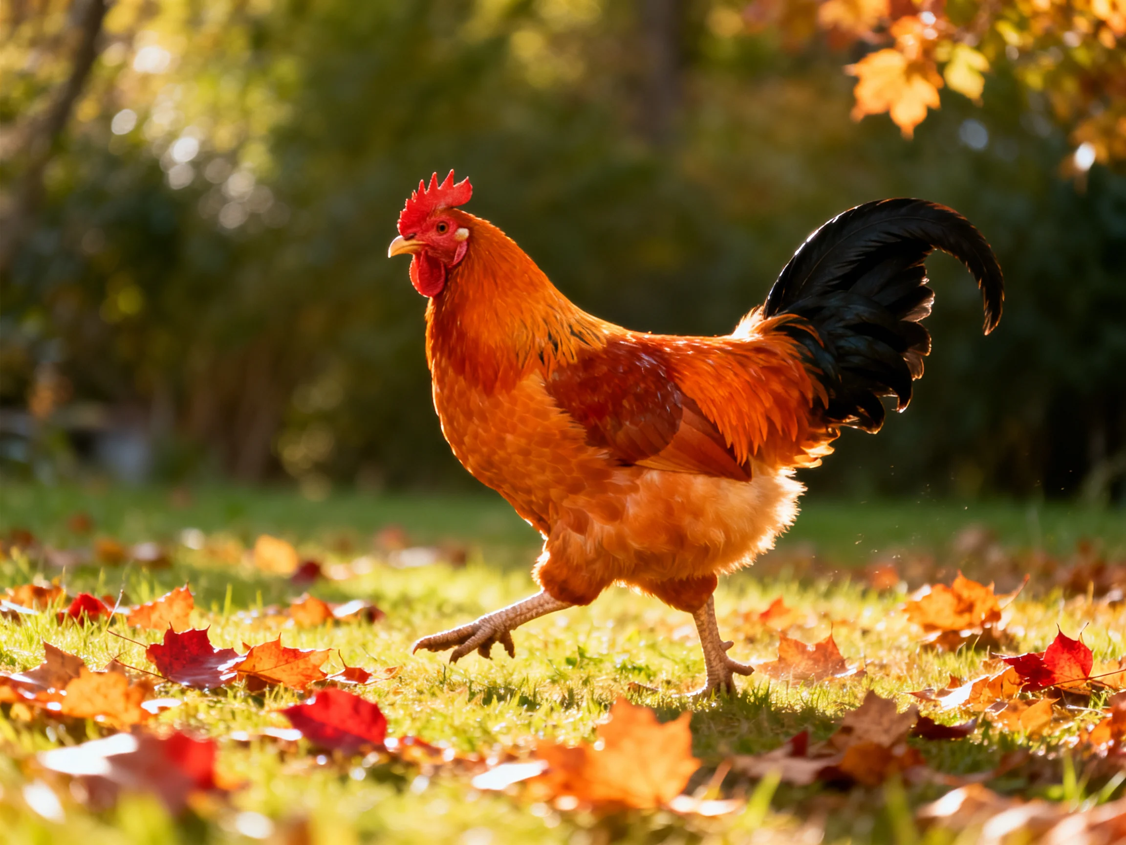 A bright orange rooster walking through autumn leaves on sunlit grass