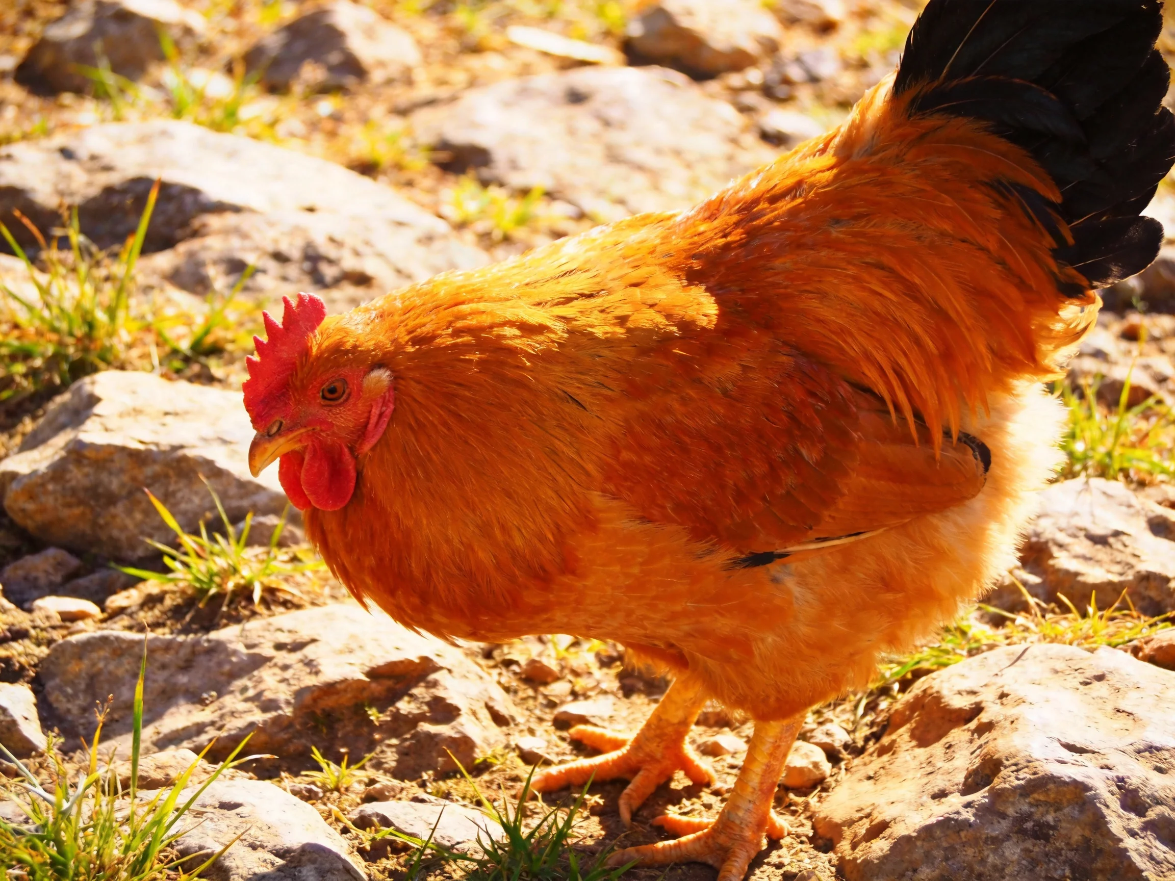 A bright orange rooster with black tail feathers on rocky ground