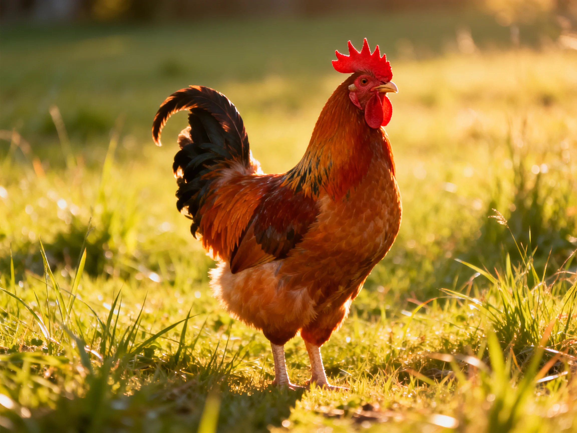 A bright red-comb rooster stands on sunlit grass