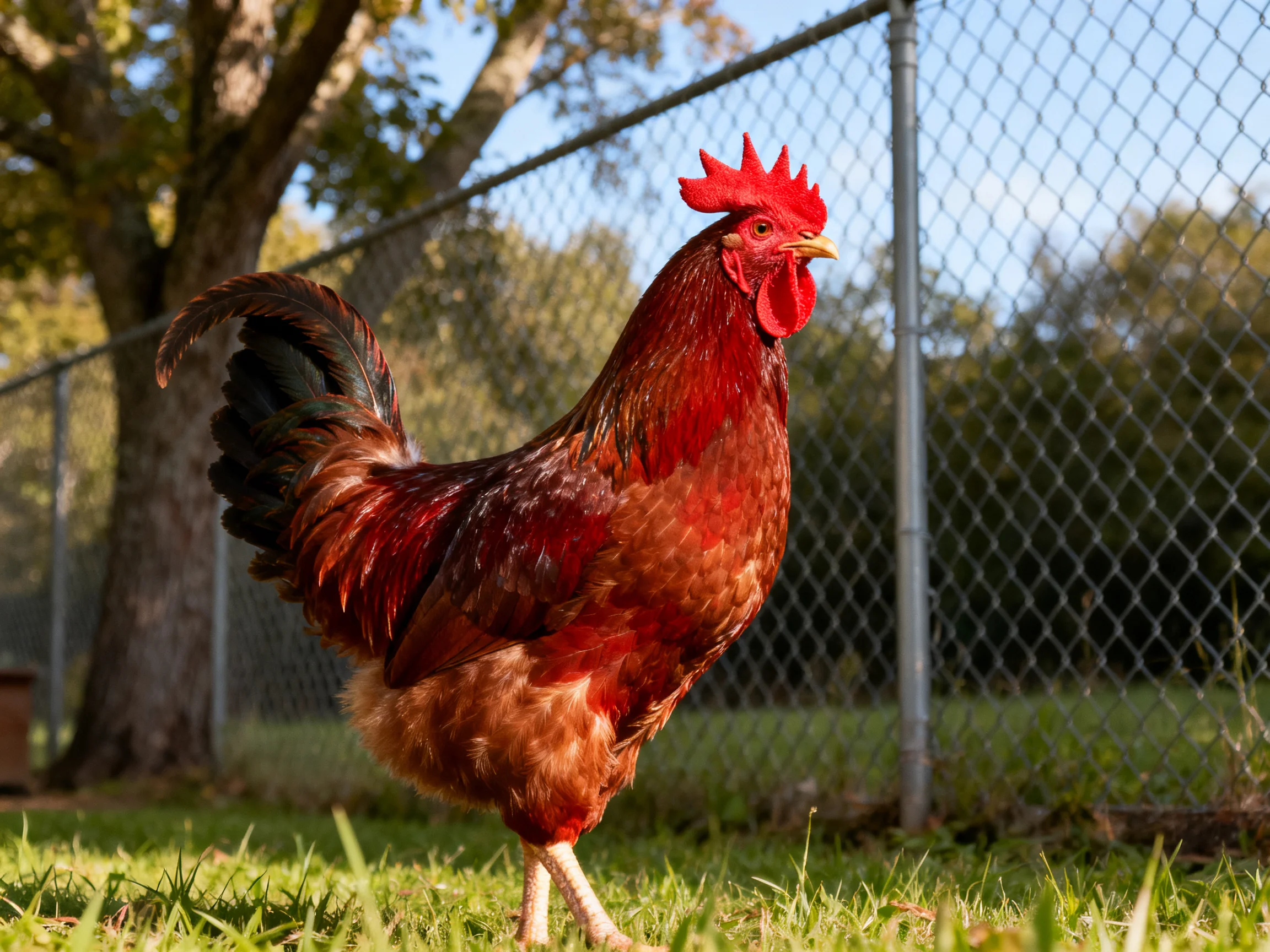 A bright red-combed rooster with brown feathers on green grass by a chain-link fence
