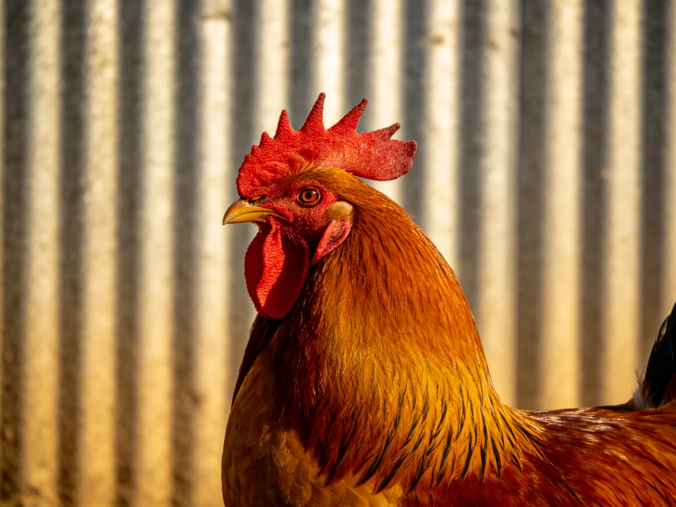 A bright red-combed rooster with golden-brown feathers beside a corrugated metal structure