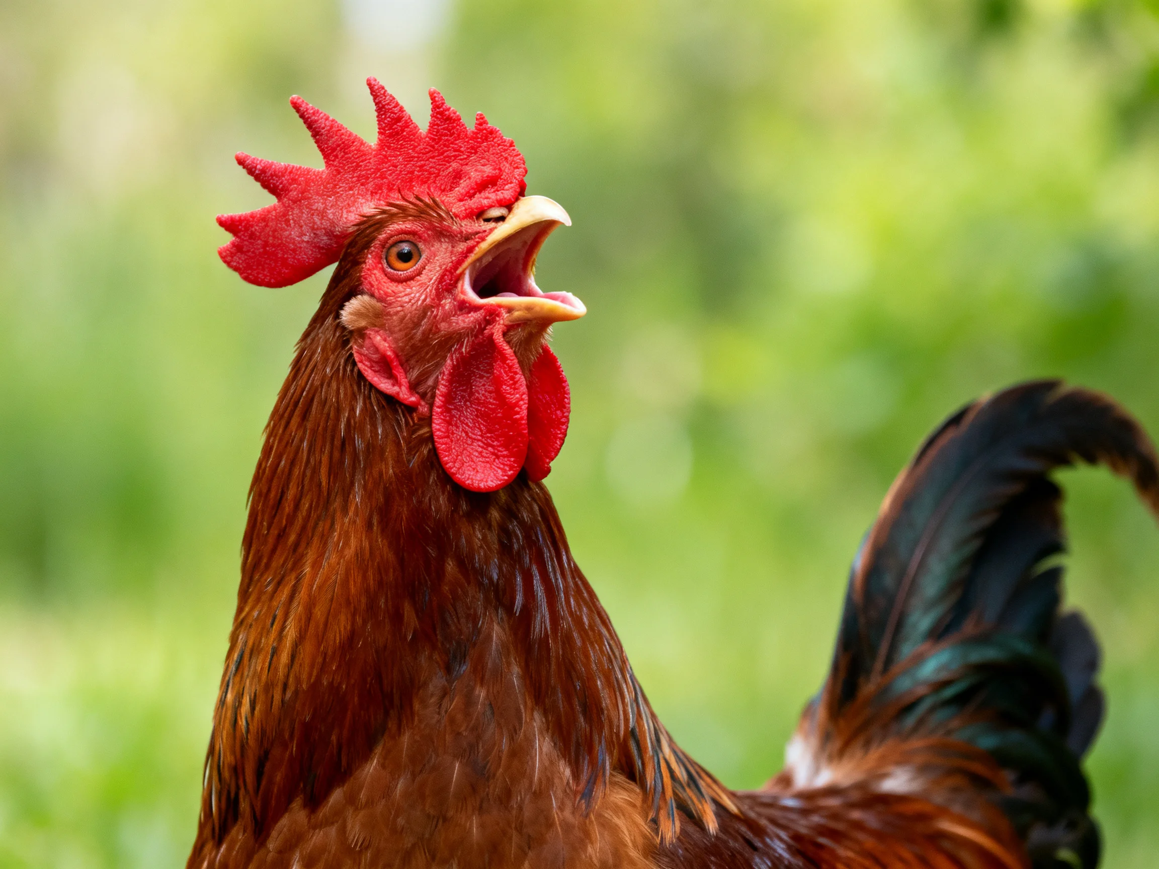 A bright red-combed rooster with rich brown feathers and glossy black tail