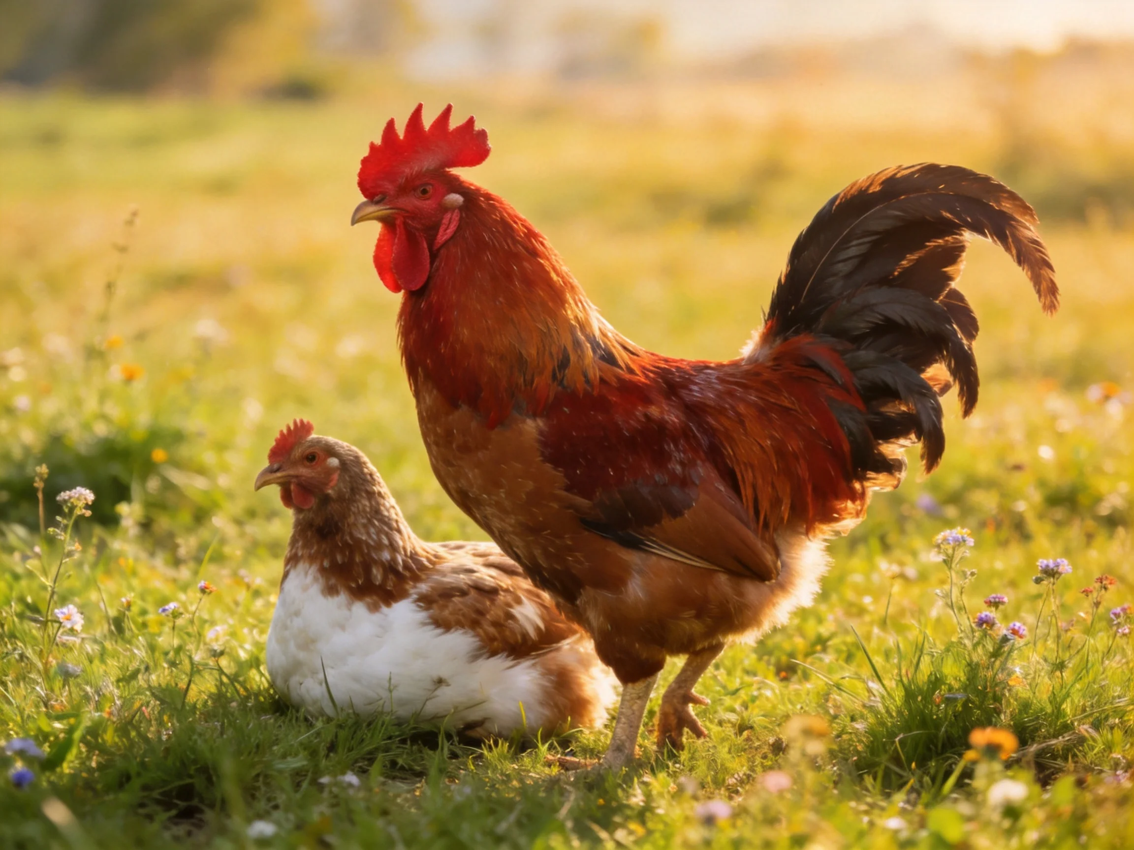 A bright red rooster and brown-white hen in a sunlit flower-filled meadow
