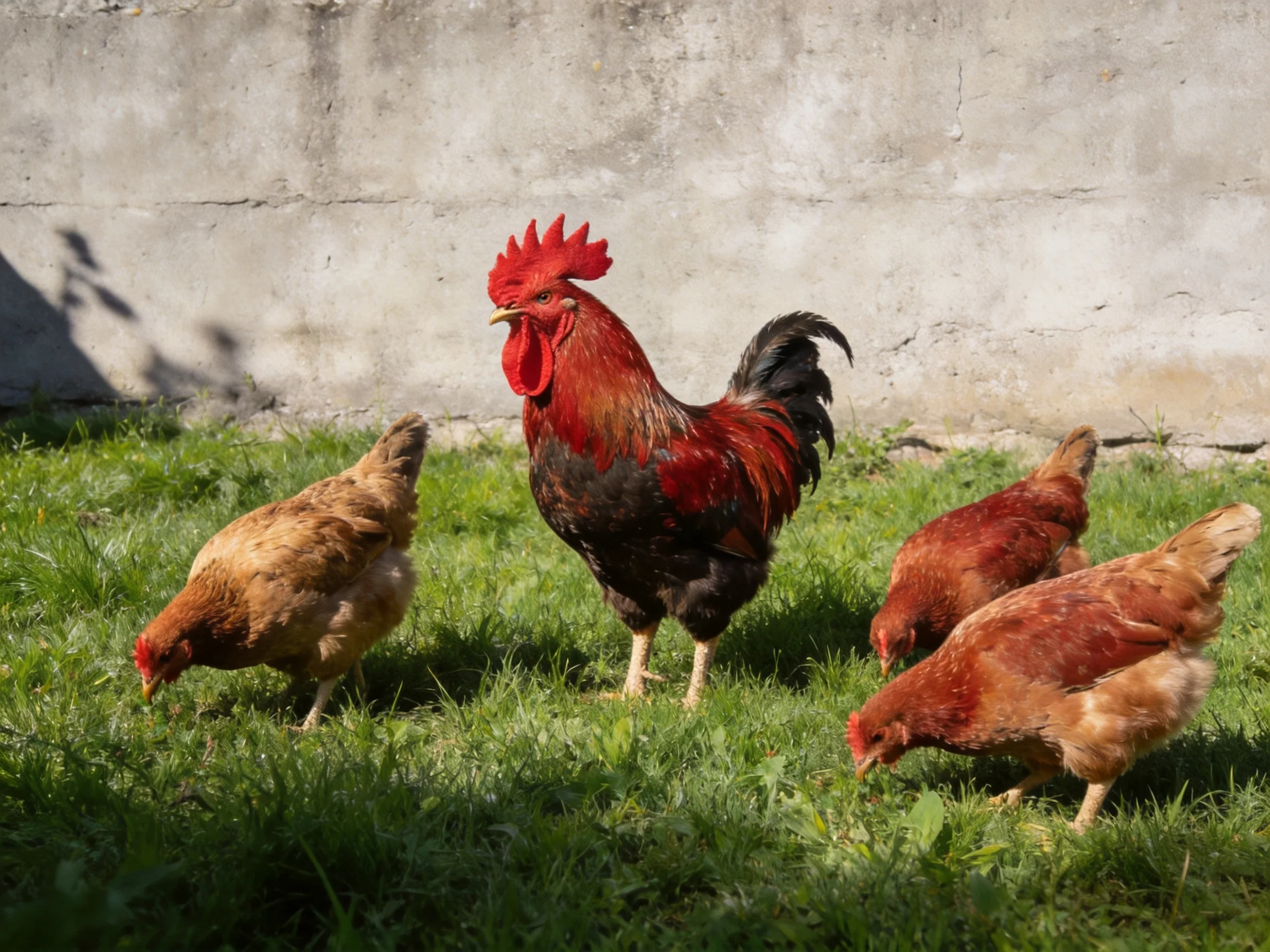 A bright red rooster with four chickens forages in a sunlit green yard by a concrete wall