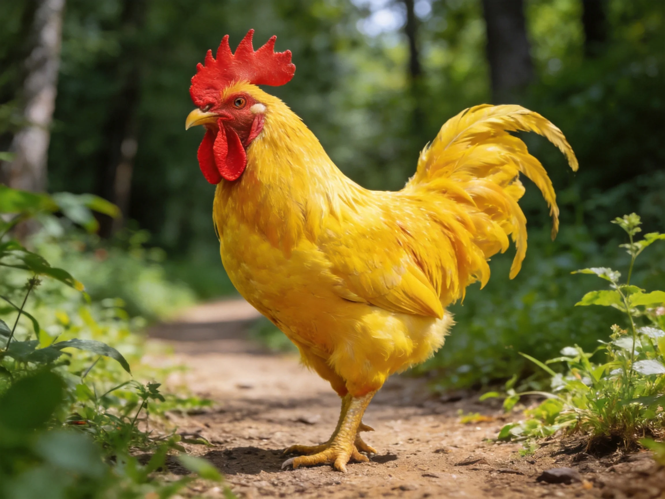 A bright yellow rooster with red comb walks along a forest trail