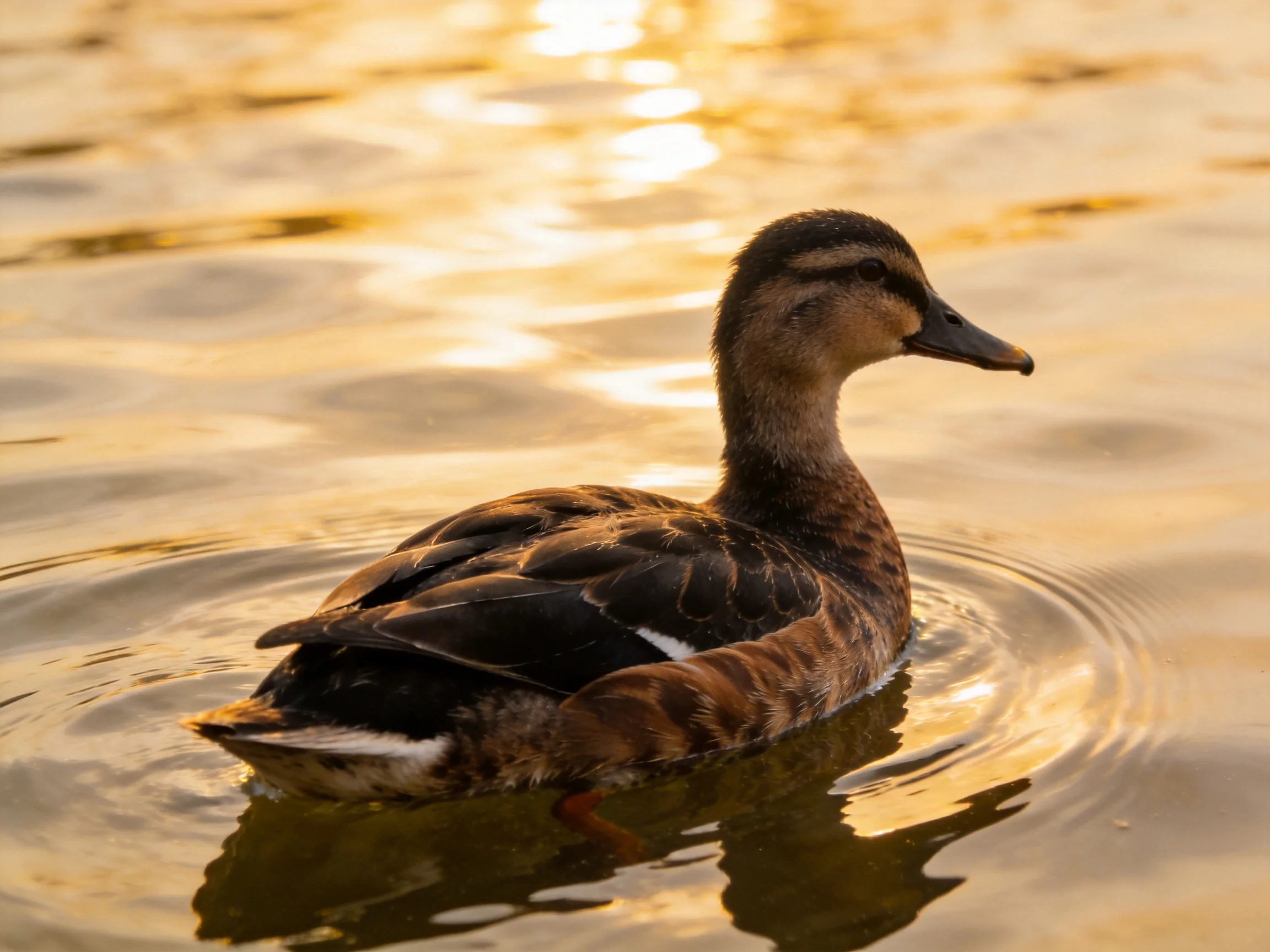 A brown and black duck glides through golden-hued water