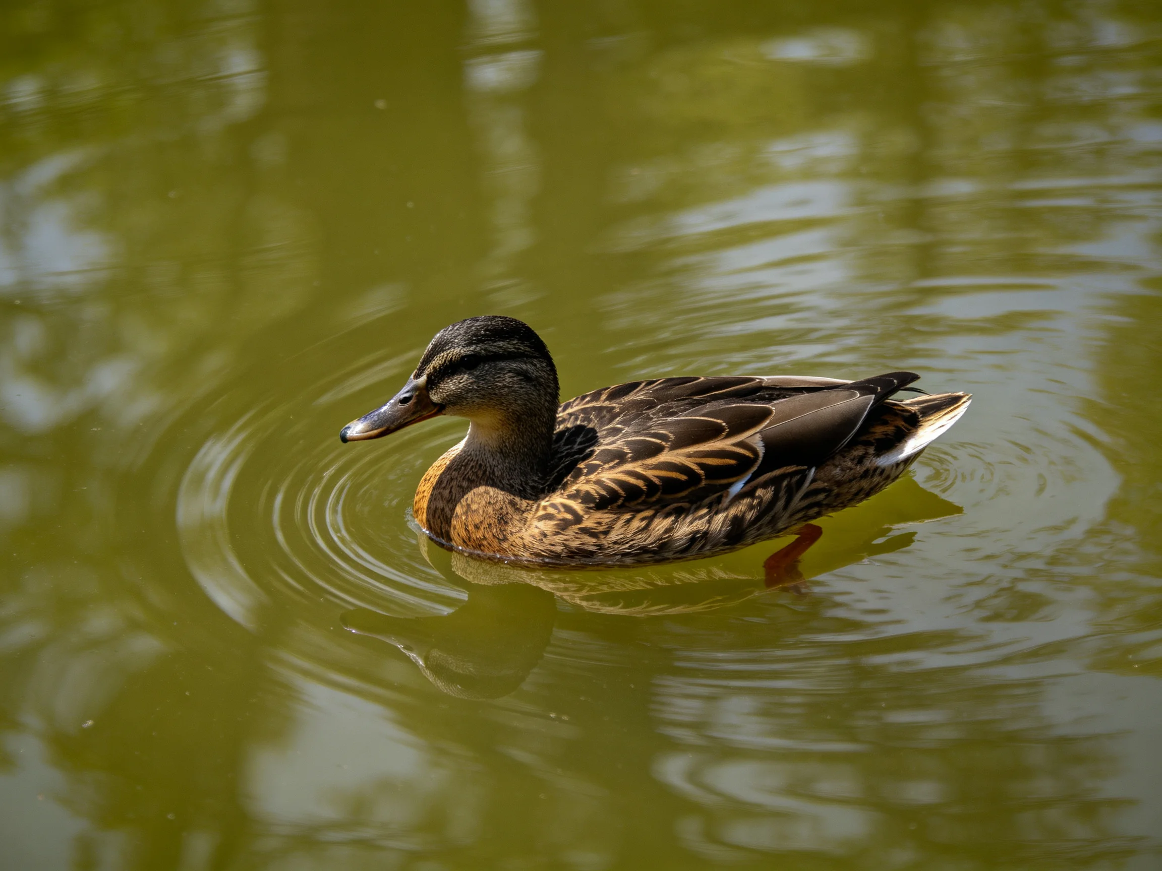 A brown and black duck gliding on greenish water