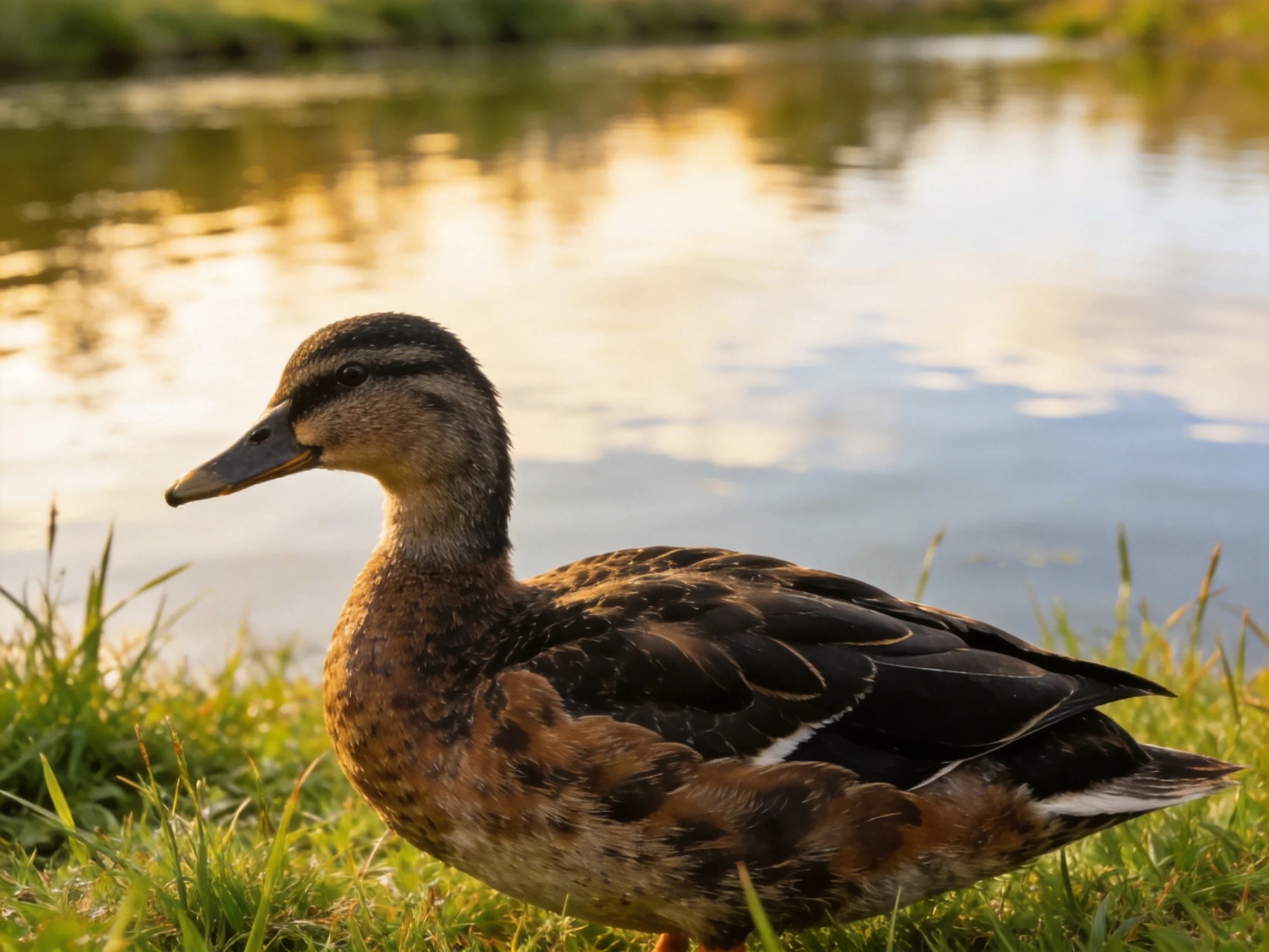 A duck with brown and black plumage rests beside a water body reflecting golden light.