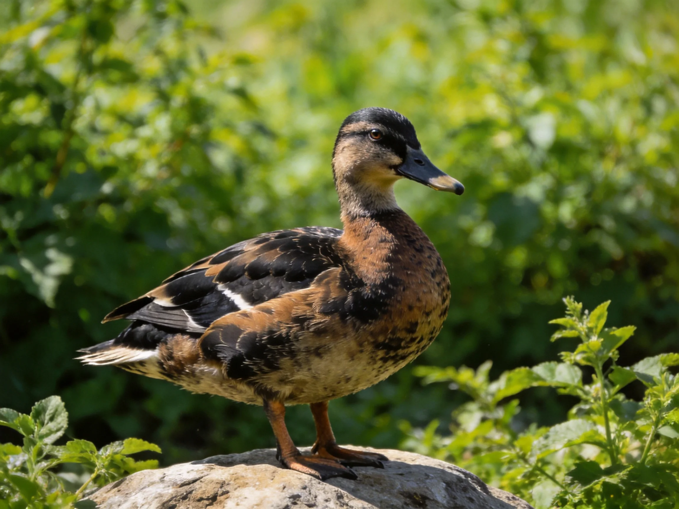 A brown and black duck perched on a rock amid lush green vegetation
