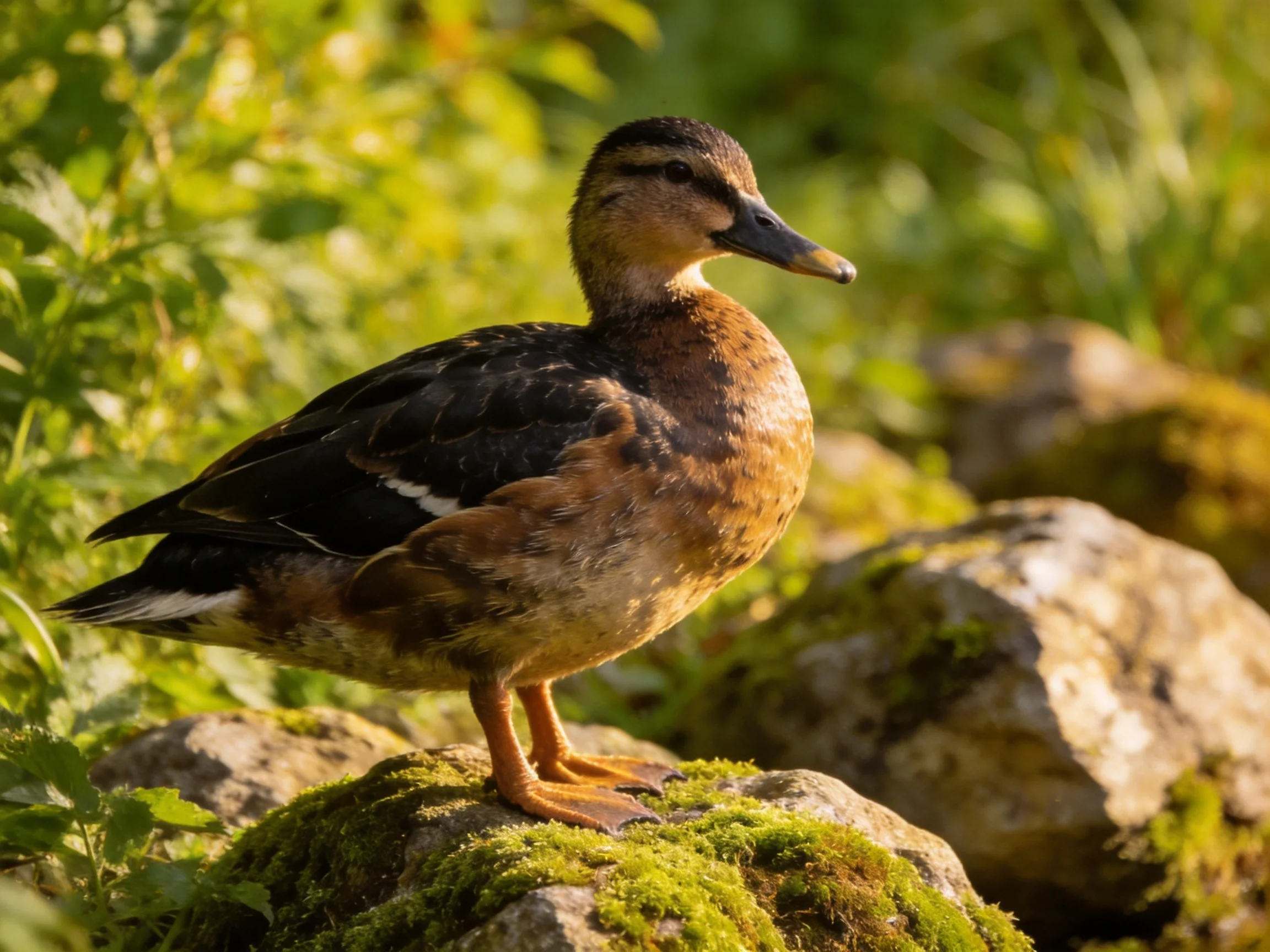 A duck stands calmly among moss-covered rocks in a verdant natural setting.