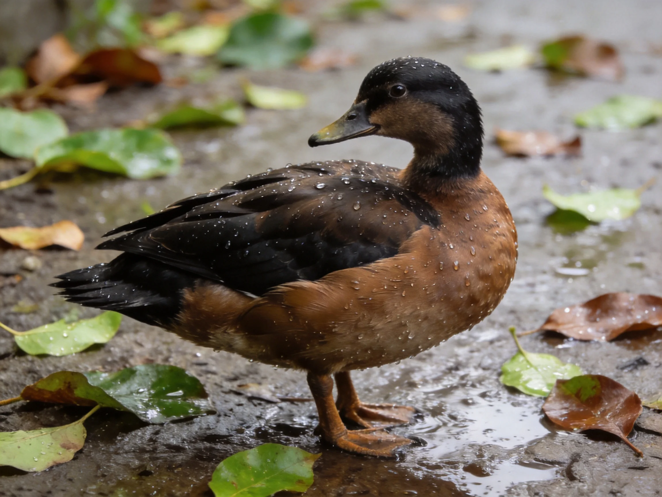 A brown and black duck stands on wet pavement with fallen leaves