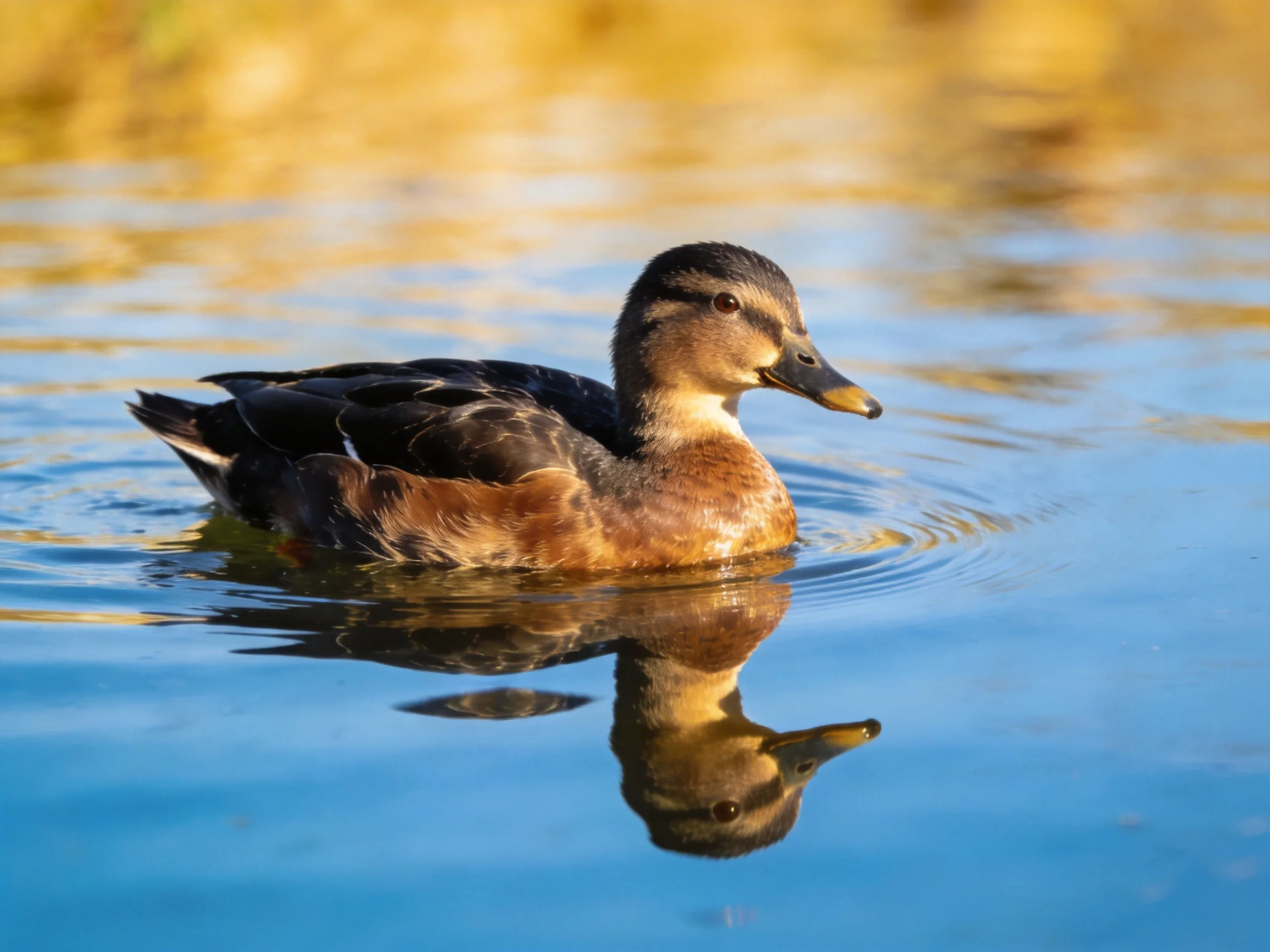 A brown and black duck swims in calm blue water with a clear reflection
