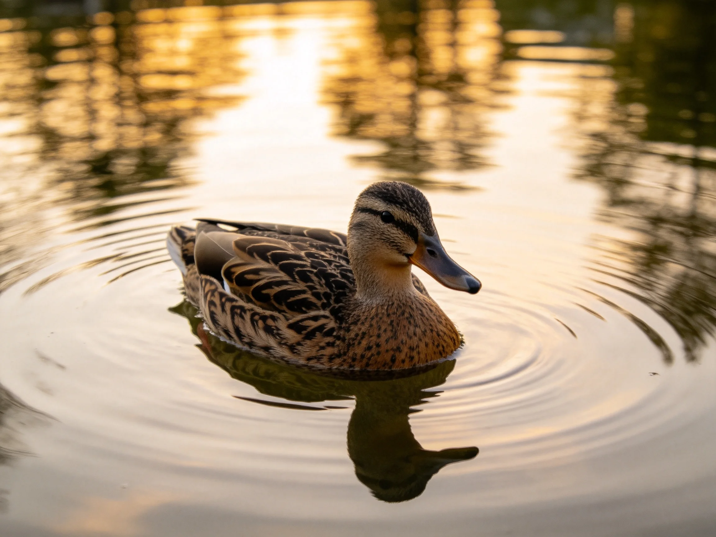 A brown and black duck swims in calm water with golden sunset reflections