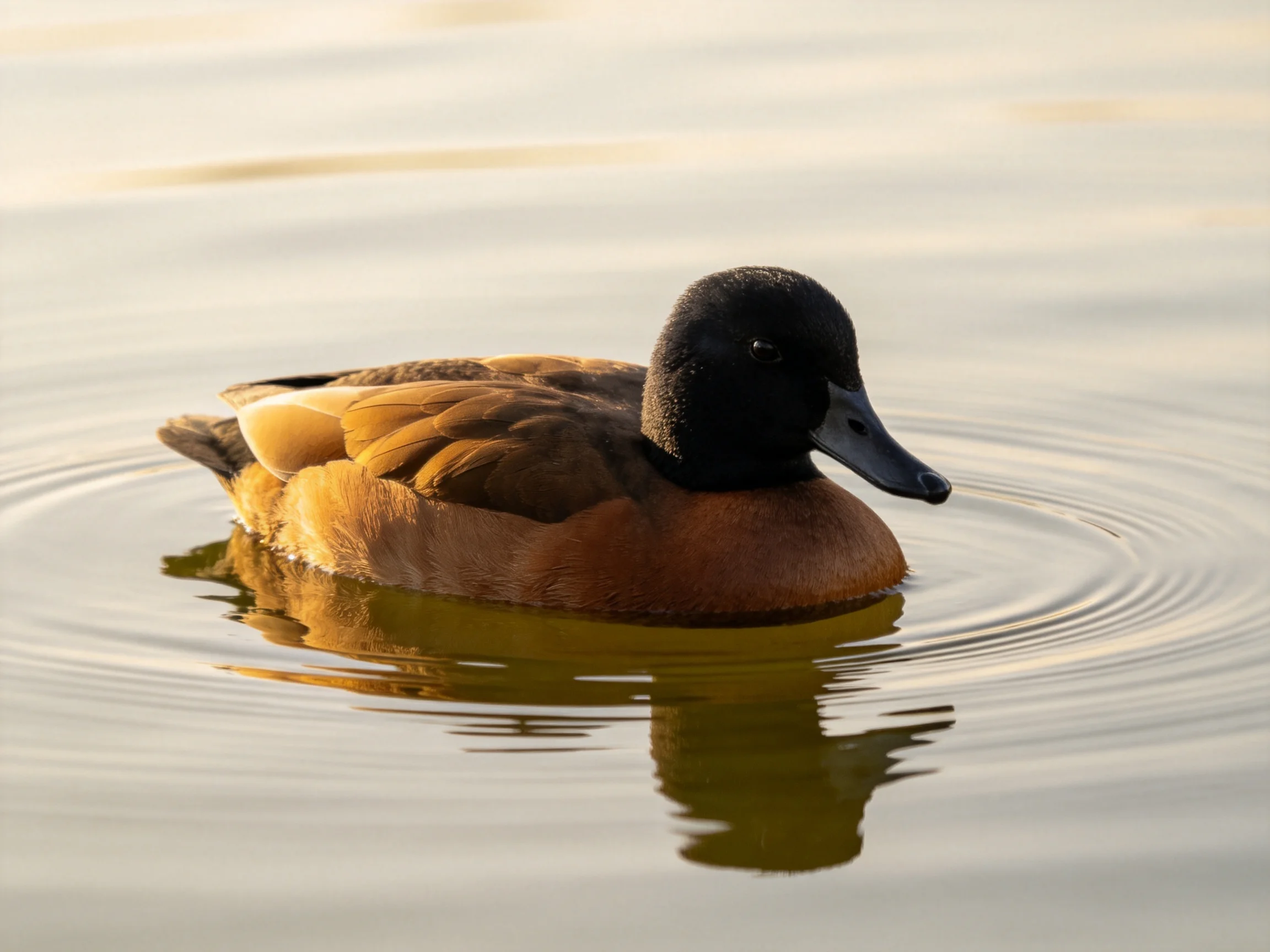 A brown and black duck swims in golden-lit calm water