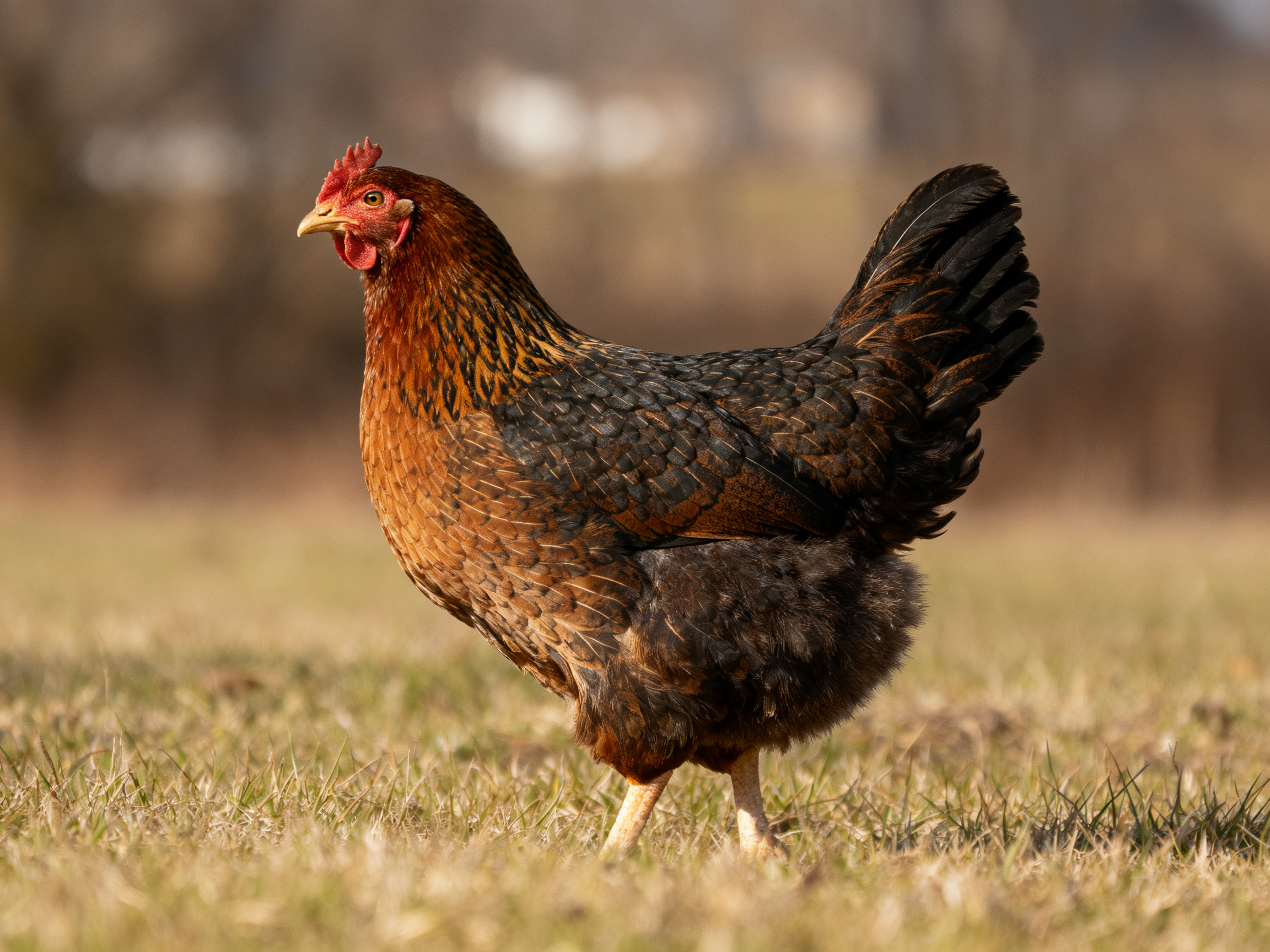 A brown and black feathered hen with a red comb stands on sunlit grass