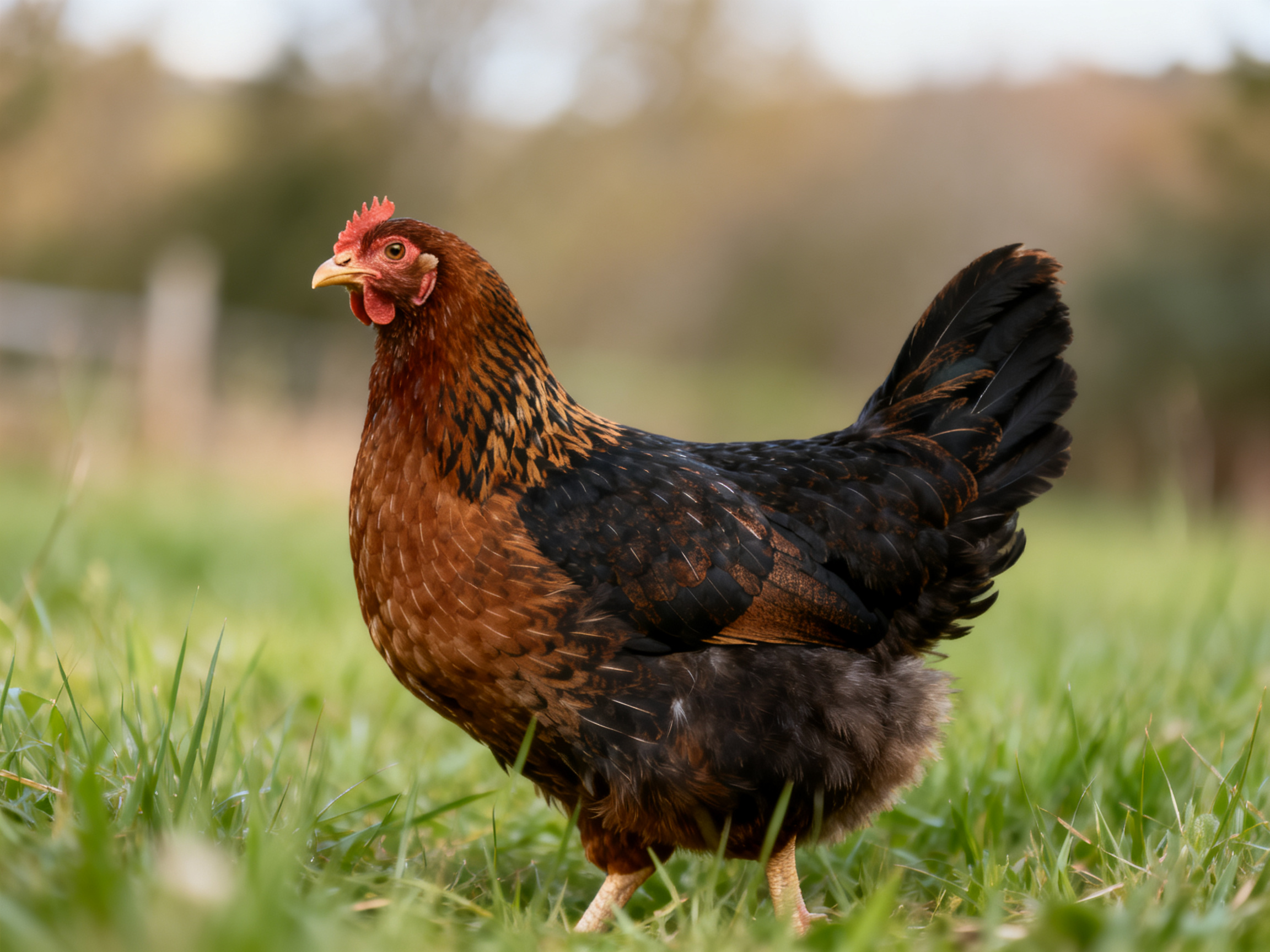 A brown and black hen with a red comb roams through lush green grass