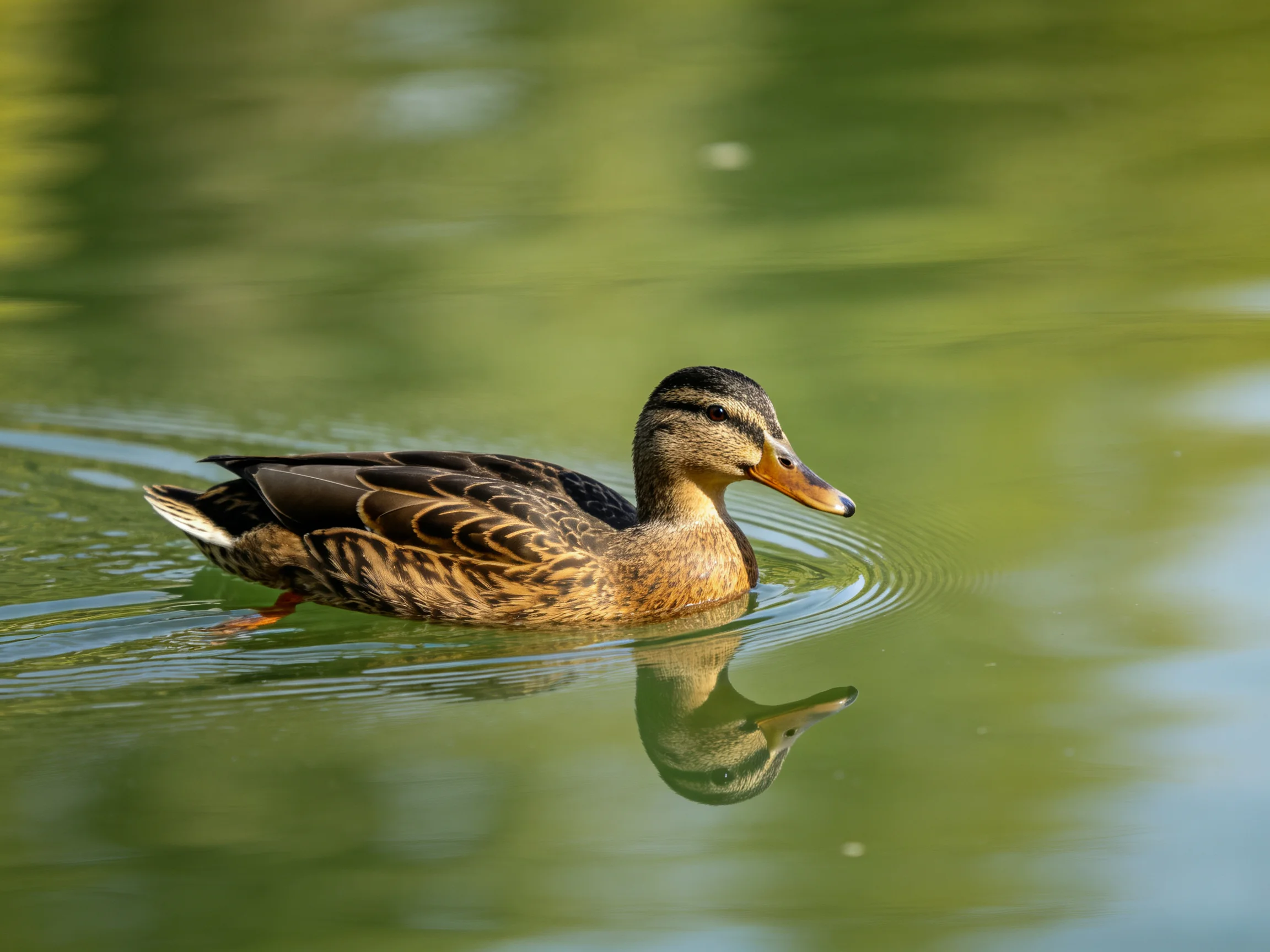 A brown and black mallard duck swims in calm green water