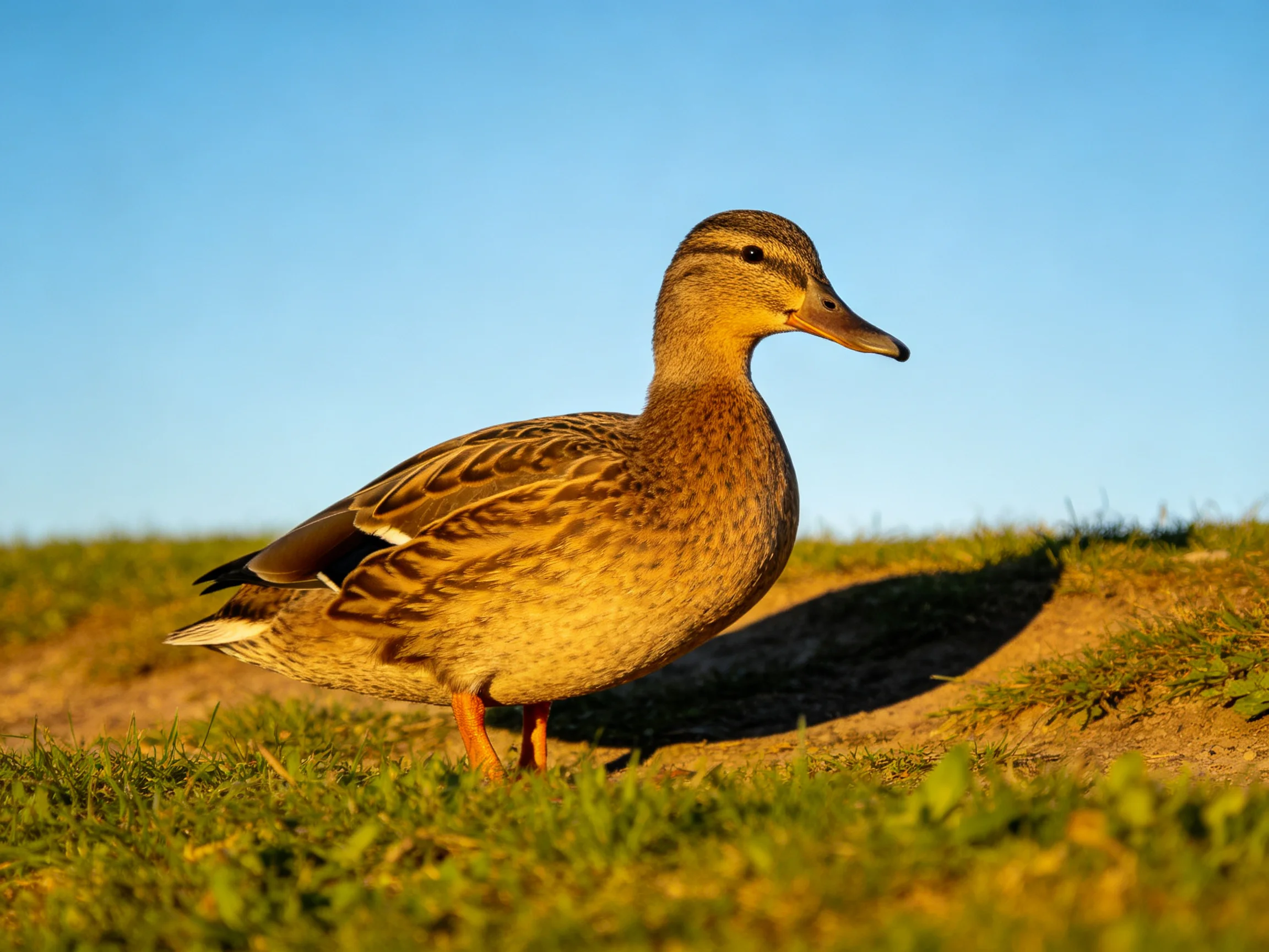 A brown and tan duck stands on grass beside a dirt mound under clear blue sky