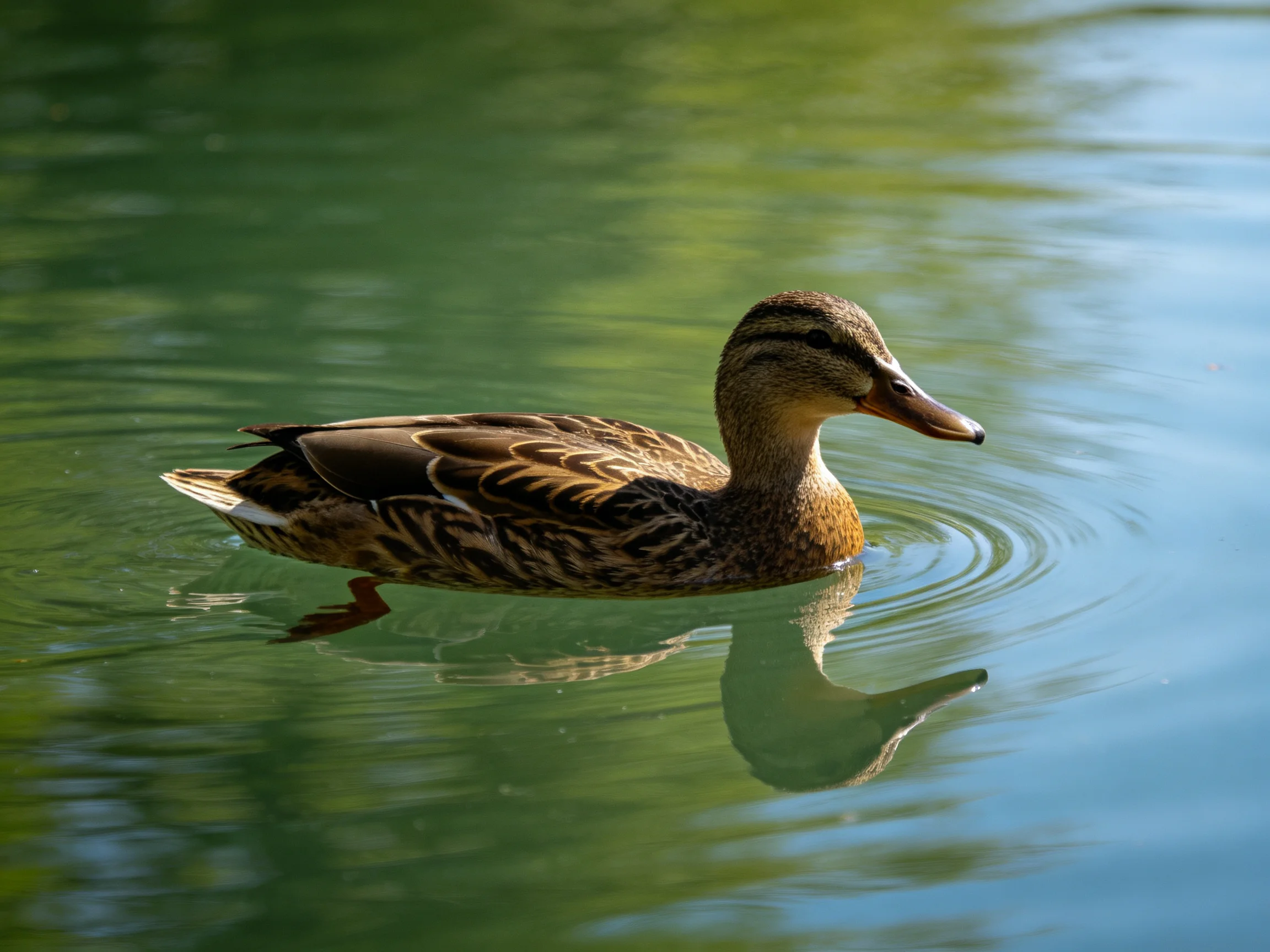 A brown and tan duck swims in serene green water