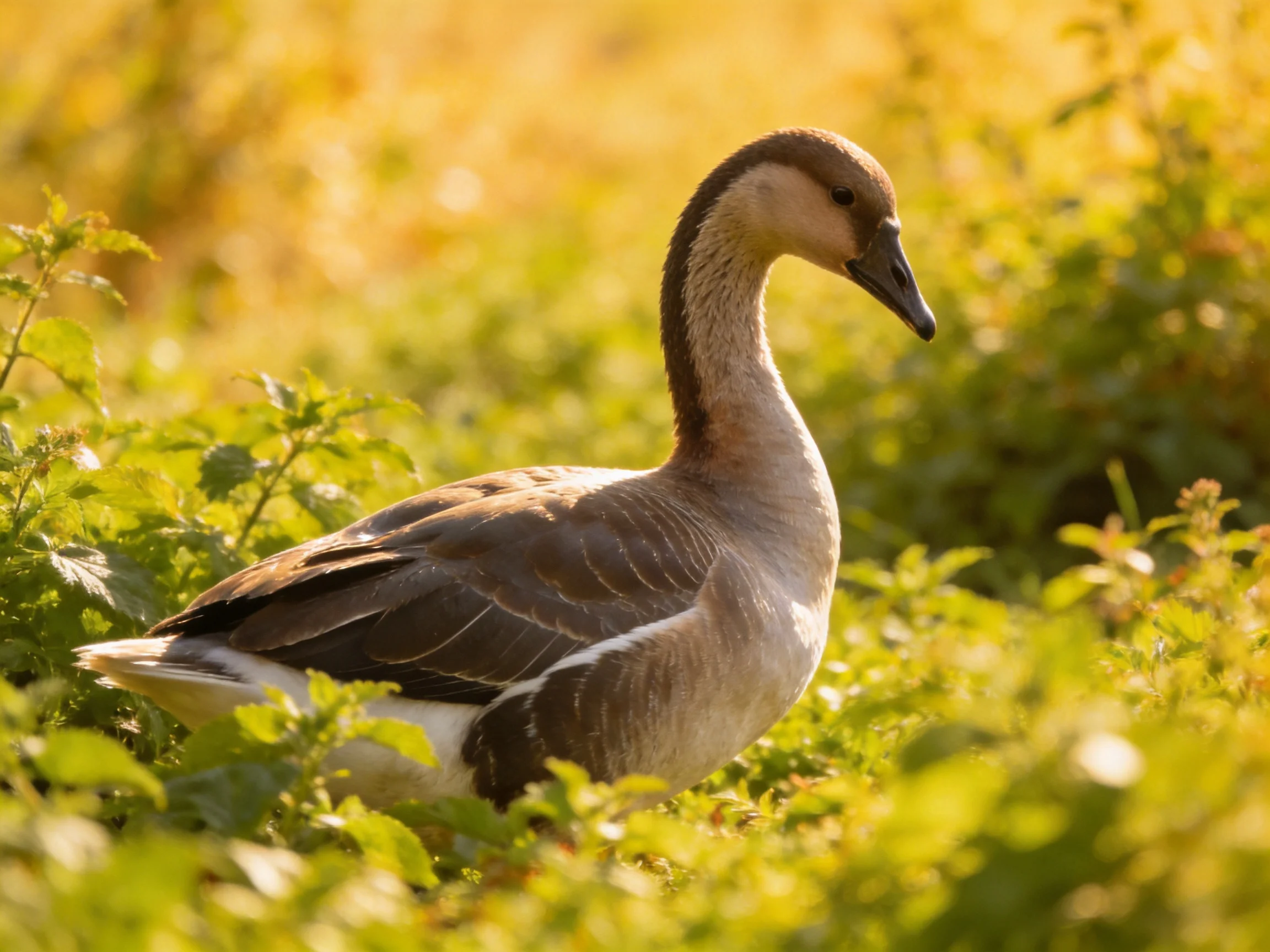 A brown and white bird rests amid dense green foliage under golden sunlight