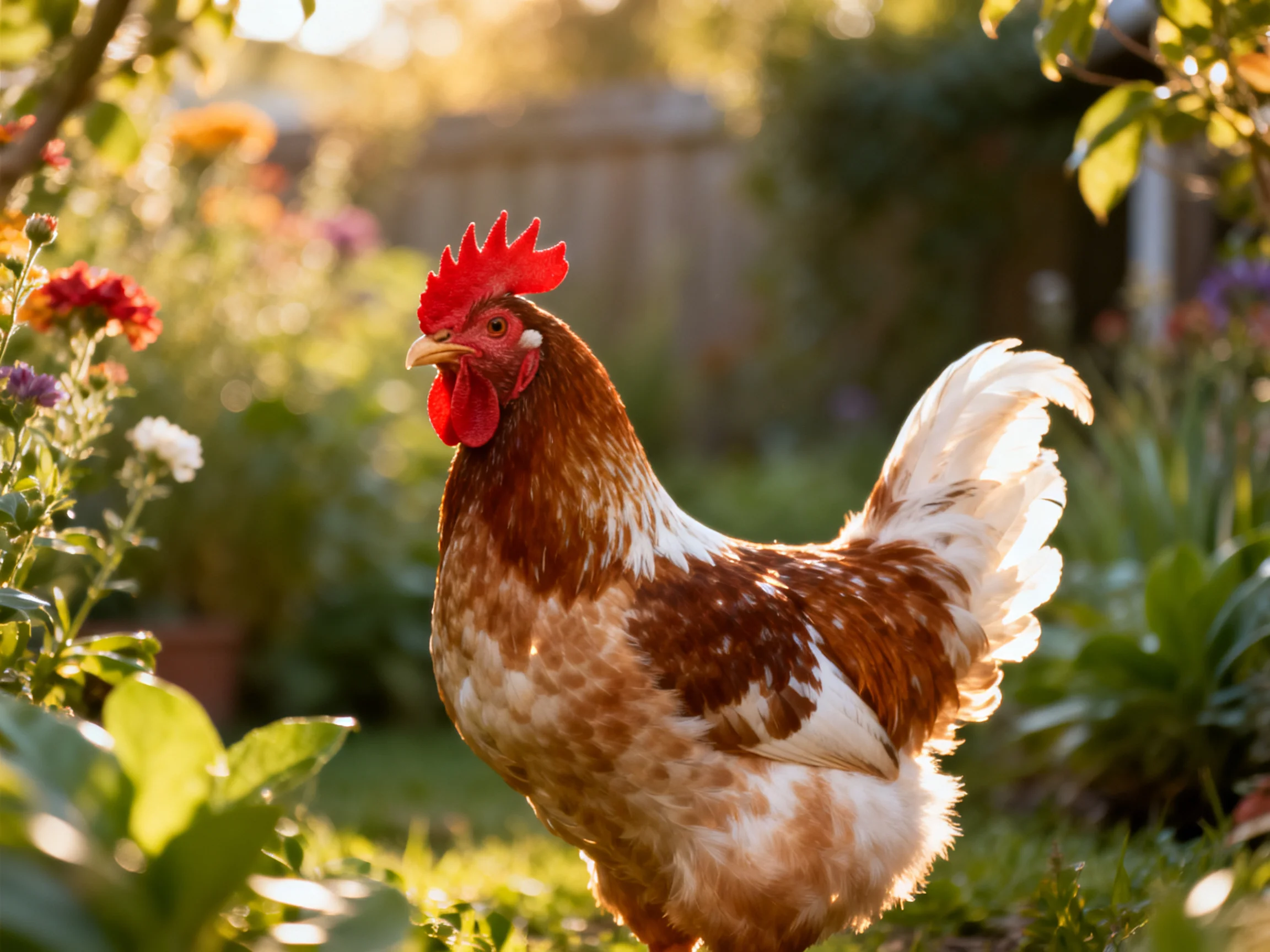 A brown and white chicken forages in a sunlit garden with blooming flowers