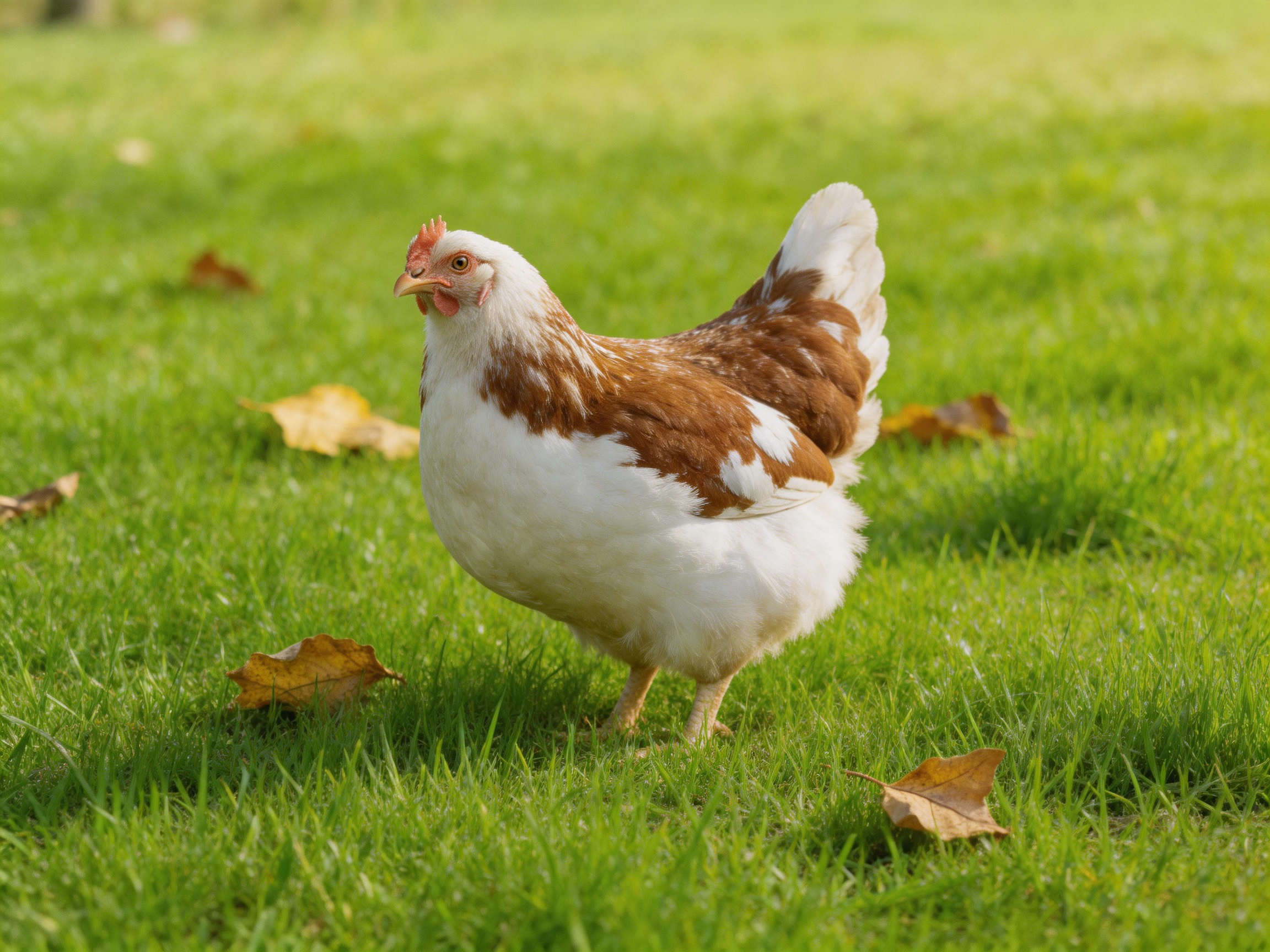 A brown and white chicken forages on lush green grass with scattered autumn leaves