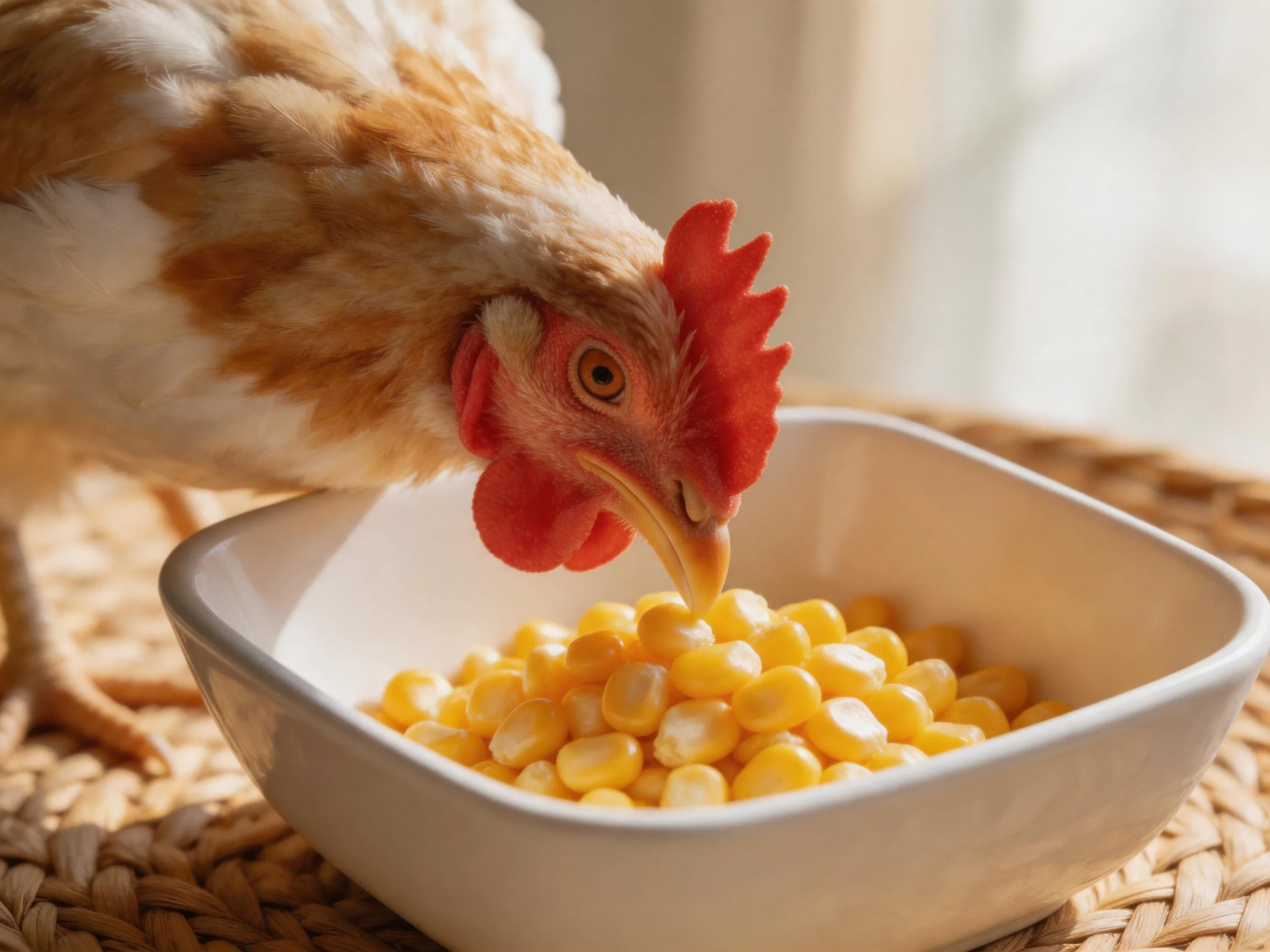 A brown and white chicken pecking at yellow corn kernels in a white bowl