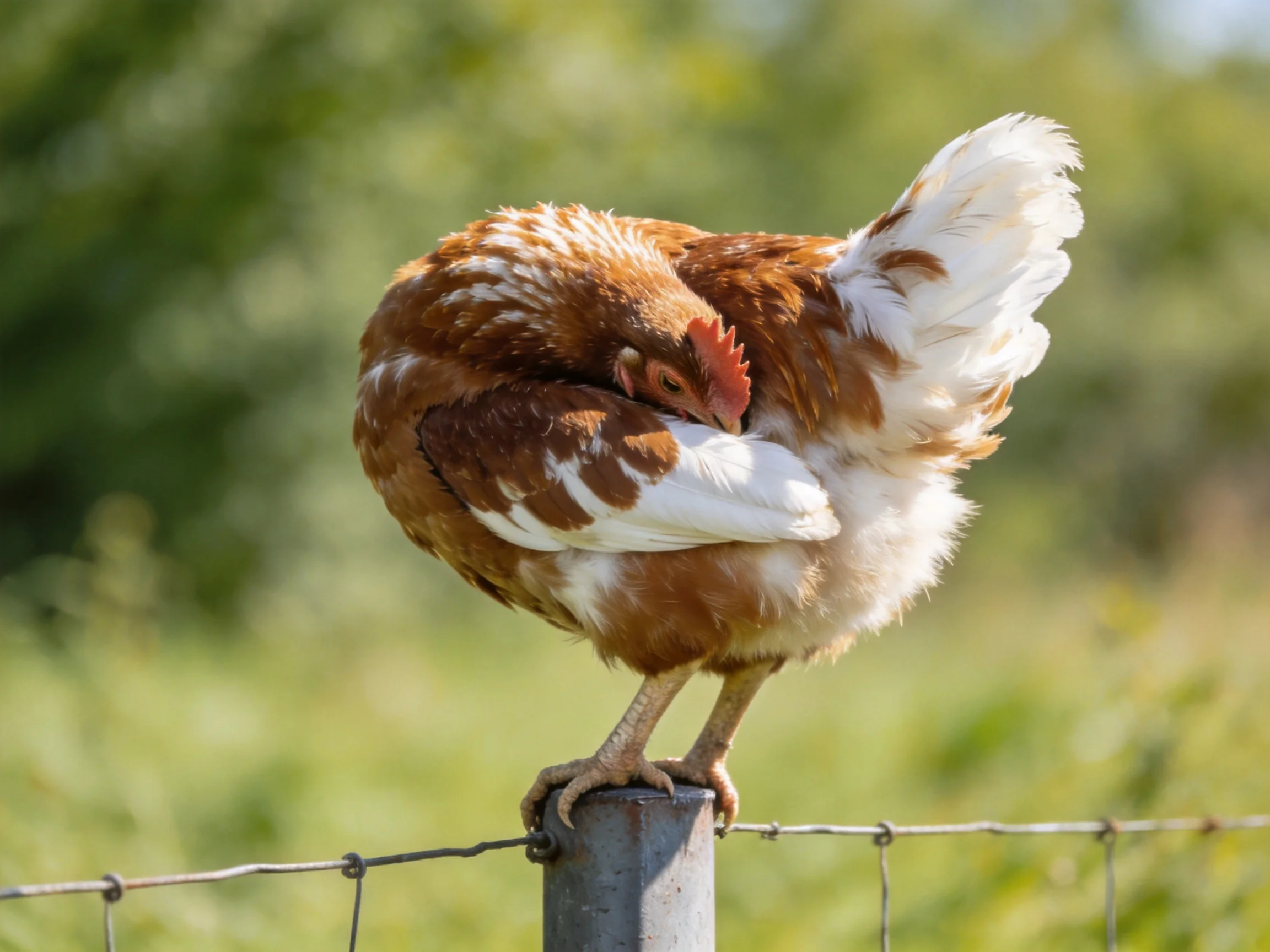 A brown and white chicken preening on a metal fence post outdoors