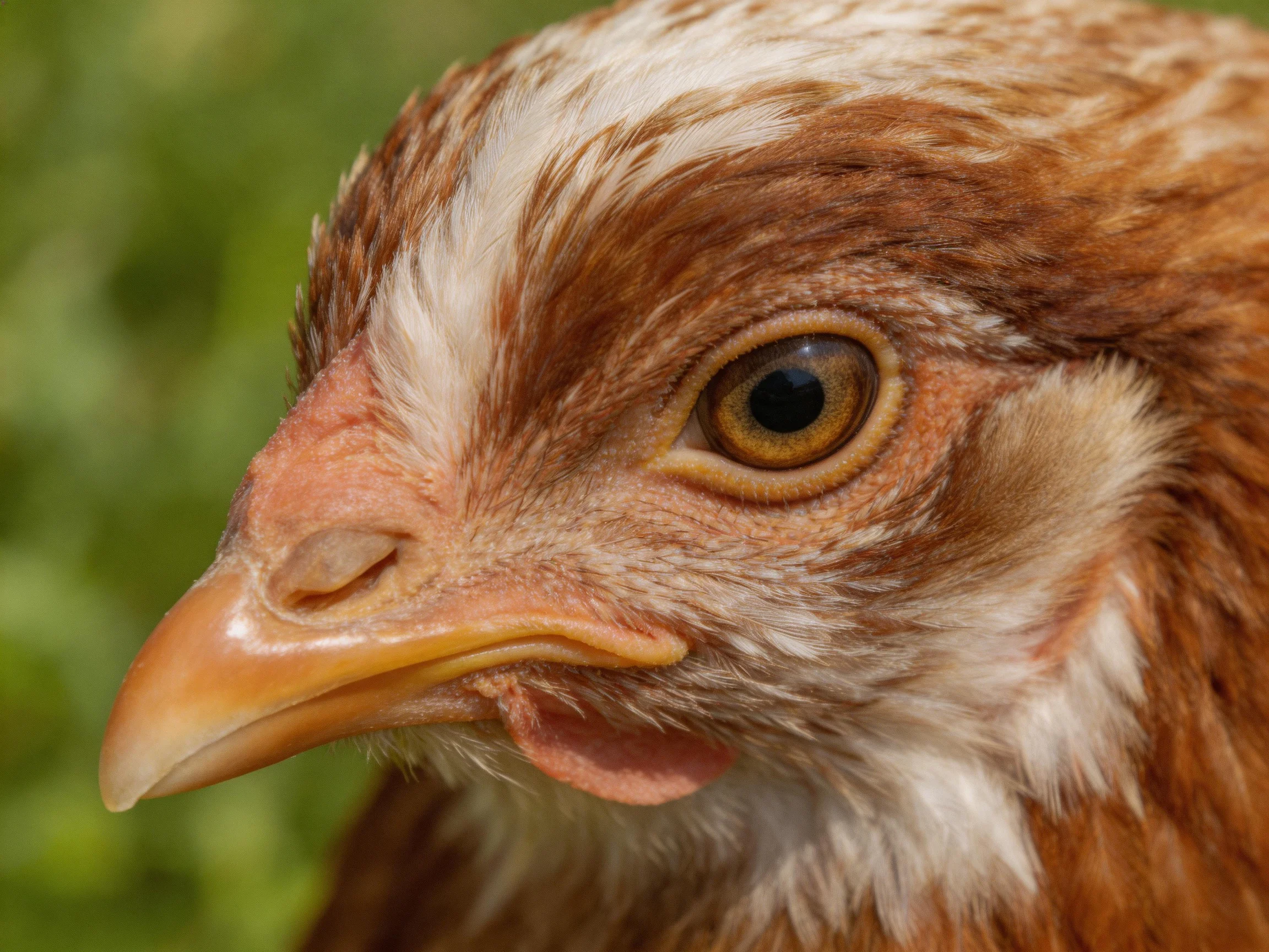 A brown and white chickens head with a yellow beak and large eye