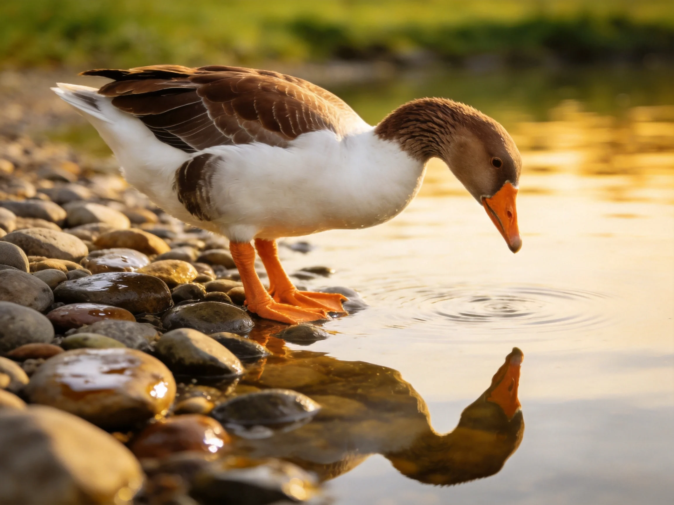 A brown and white duck drinks from calm water by a pebbly shore