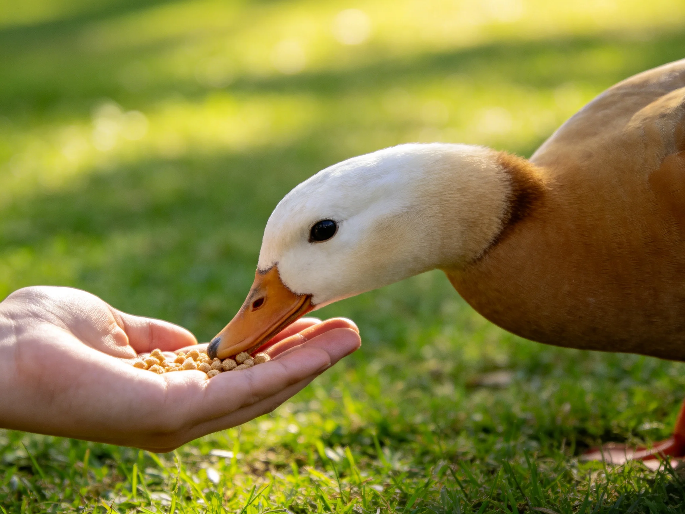 A brown and white duck feeding from a human hand on green grass