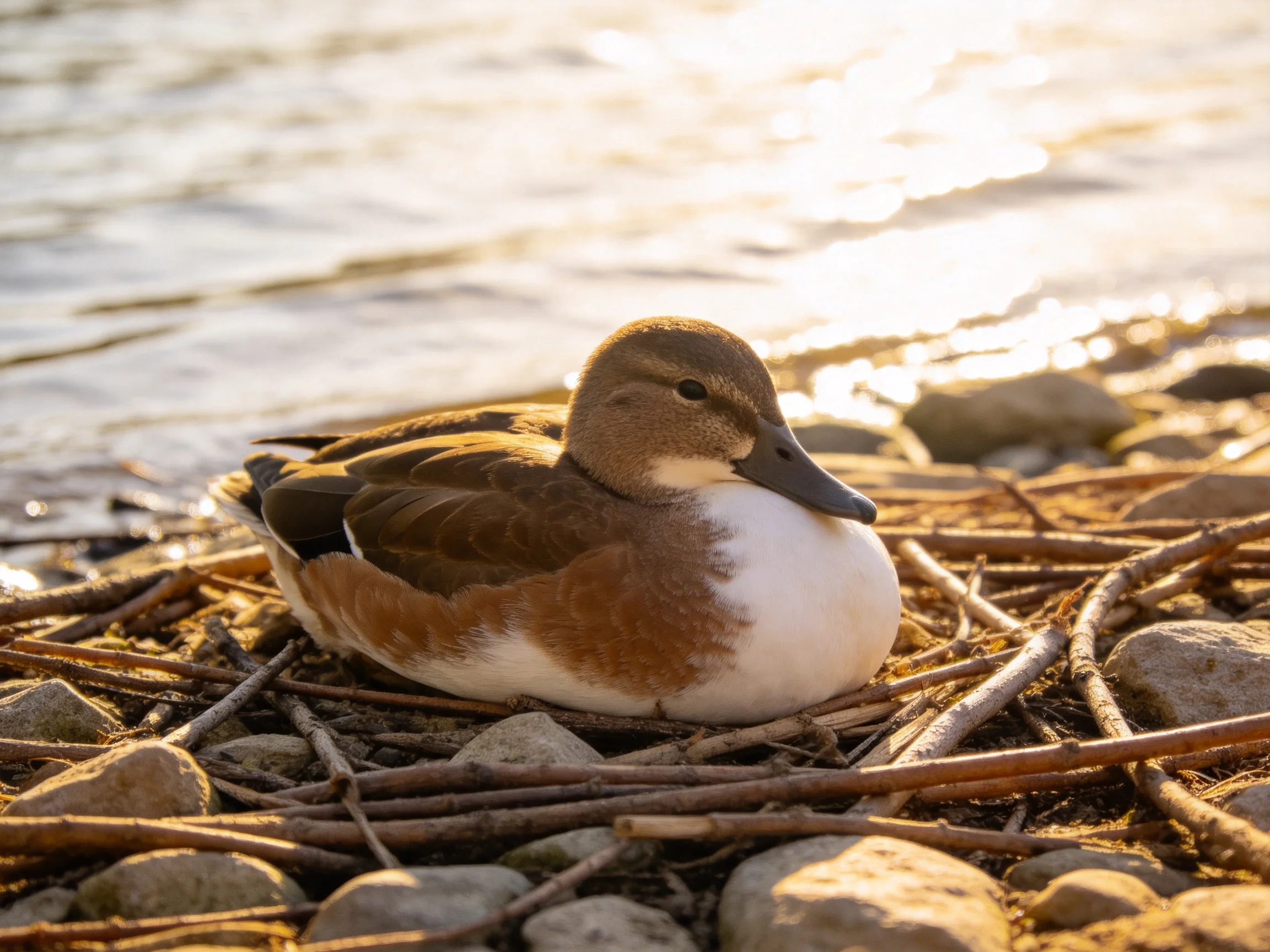 A brown and white duck rests on a twig-rock nest near reflective water.