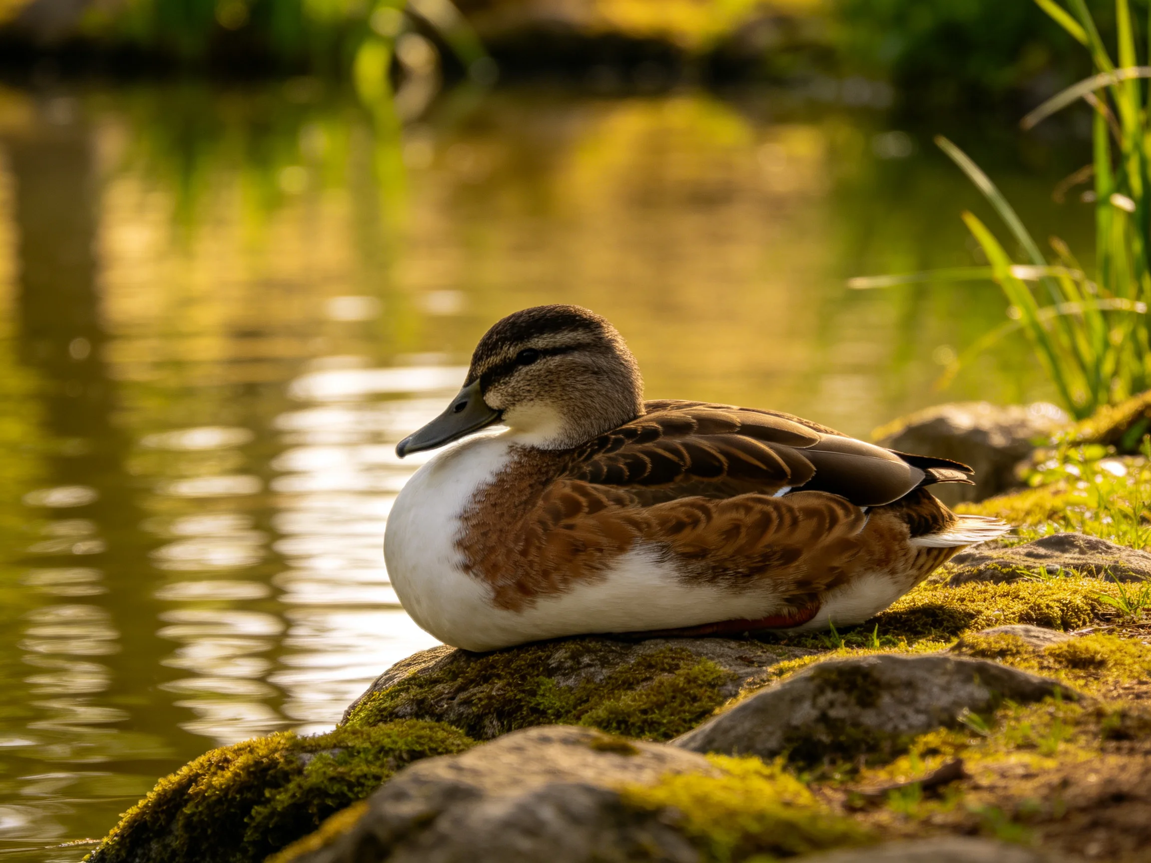 A brown and white duck rests on mossy rocks by calm water