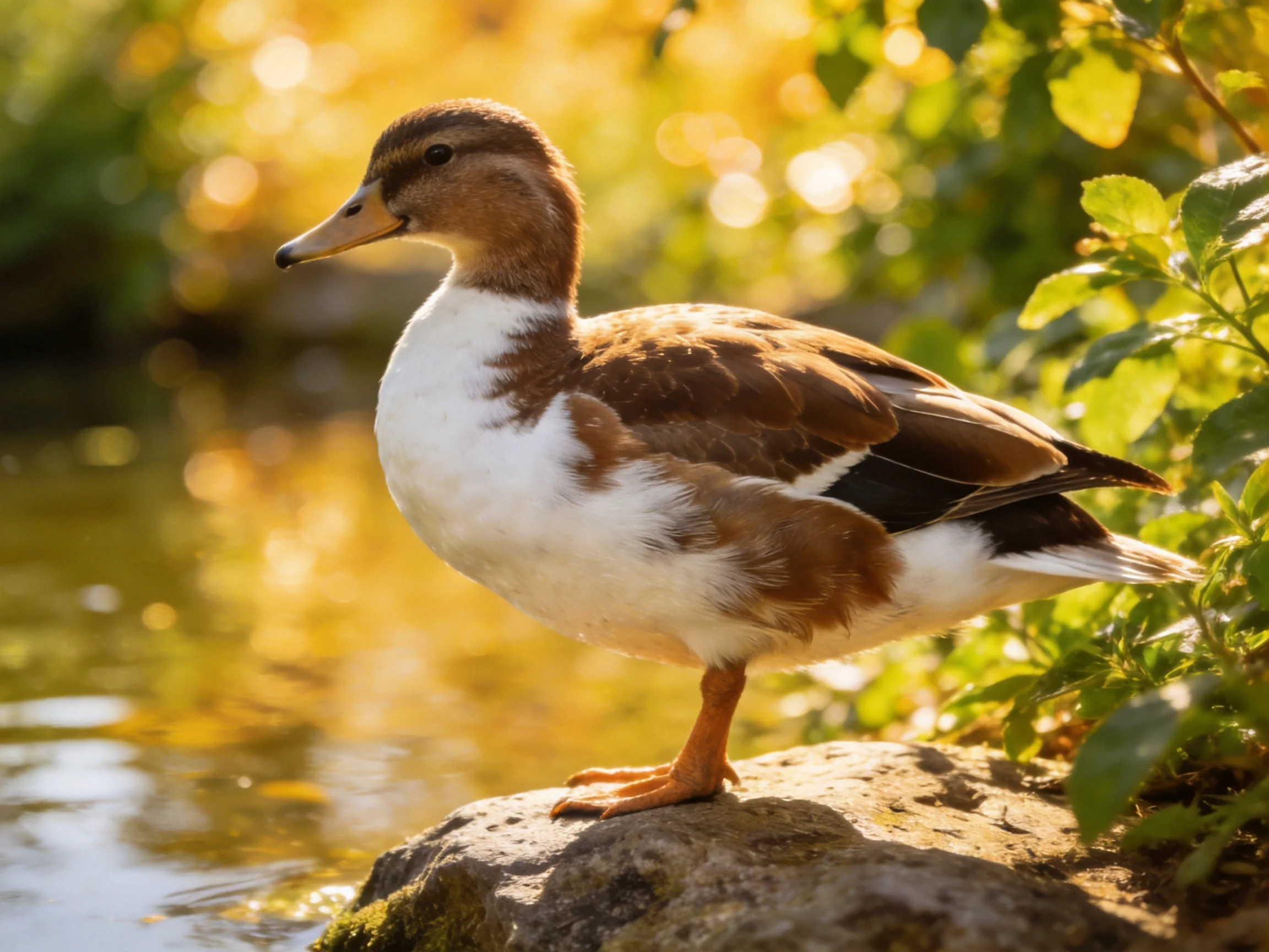 A duck with brown and white plumage perches near reflective water.