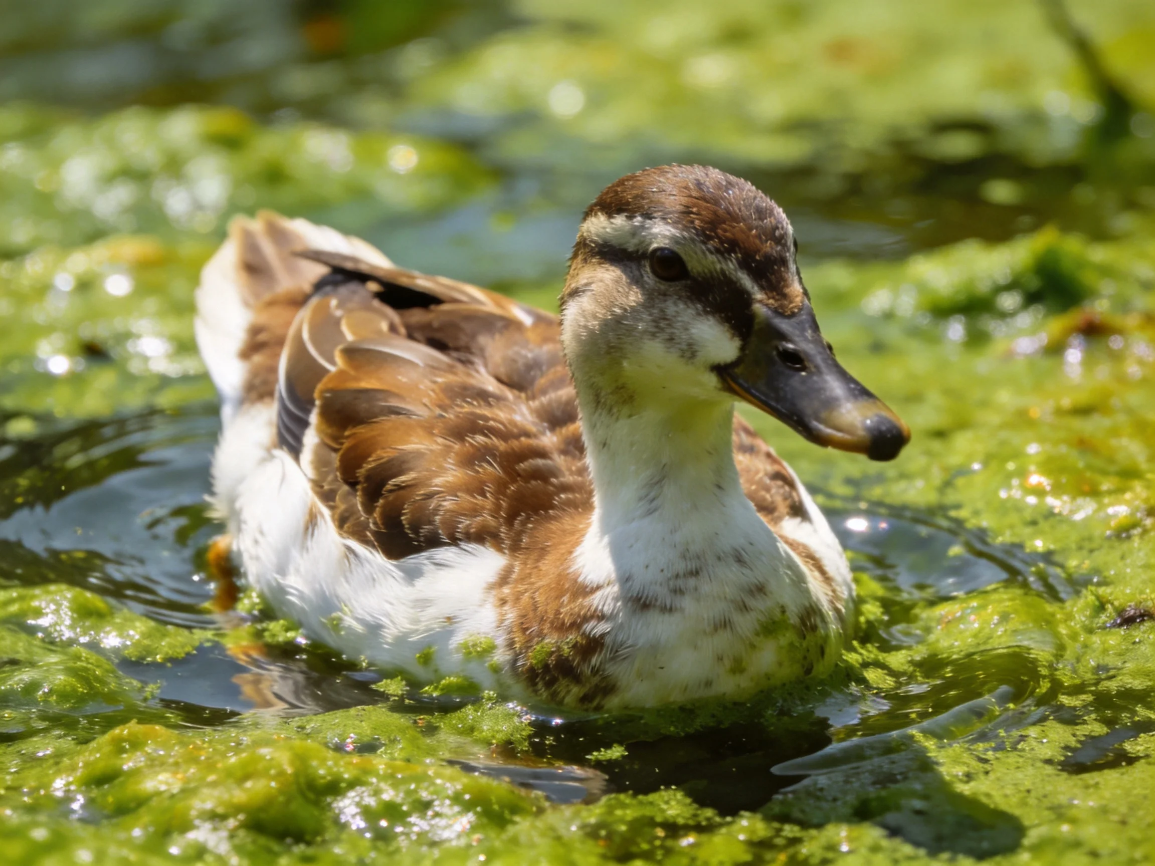 A brown and white duck swims among green algae in clear water