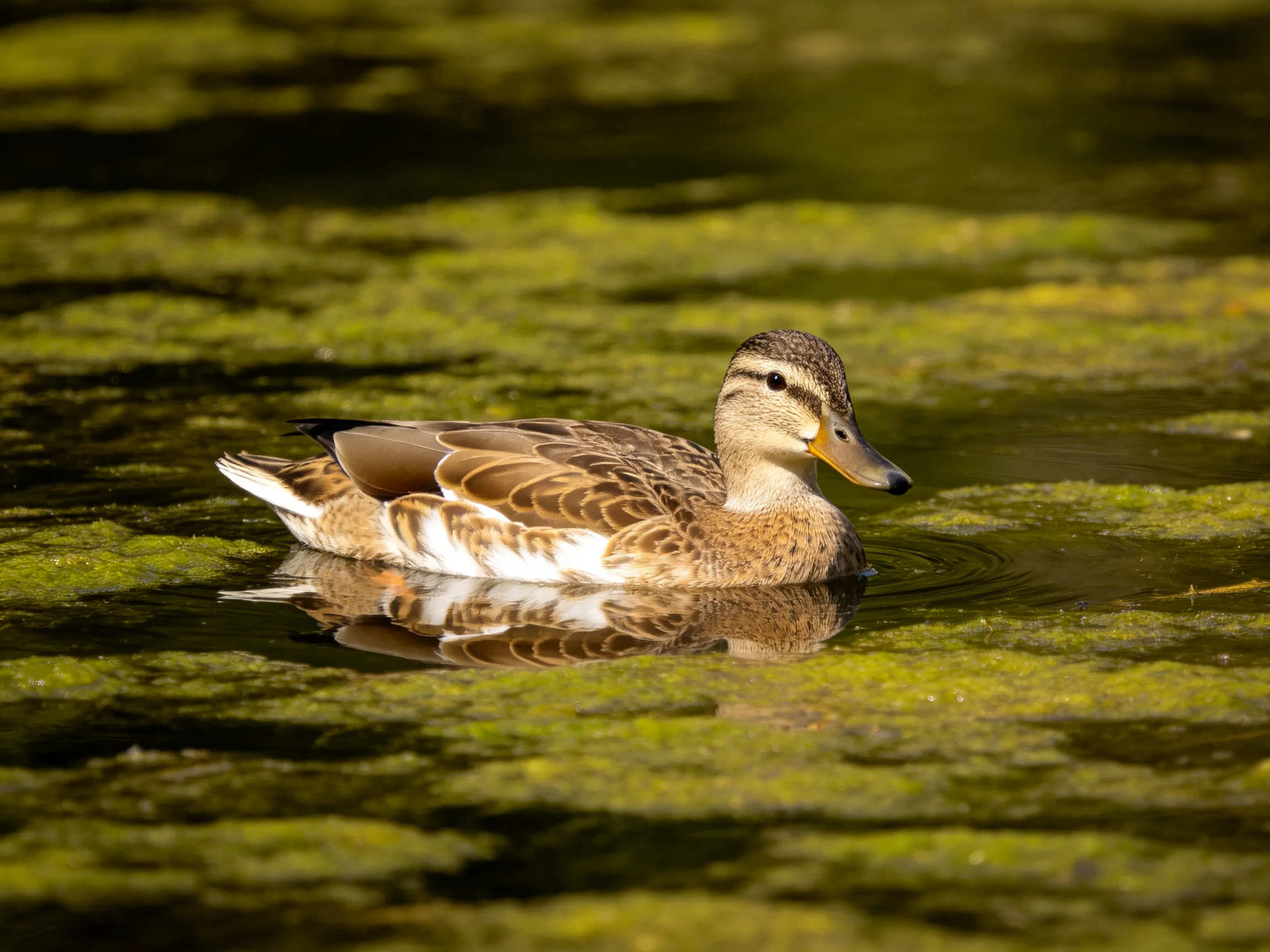A brown and white duck swims in algae-covered water with golden lighting