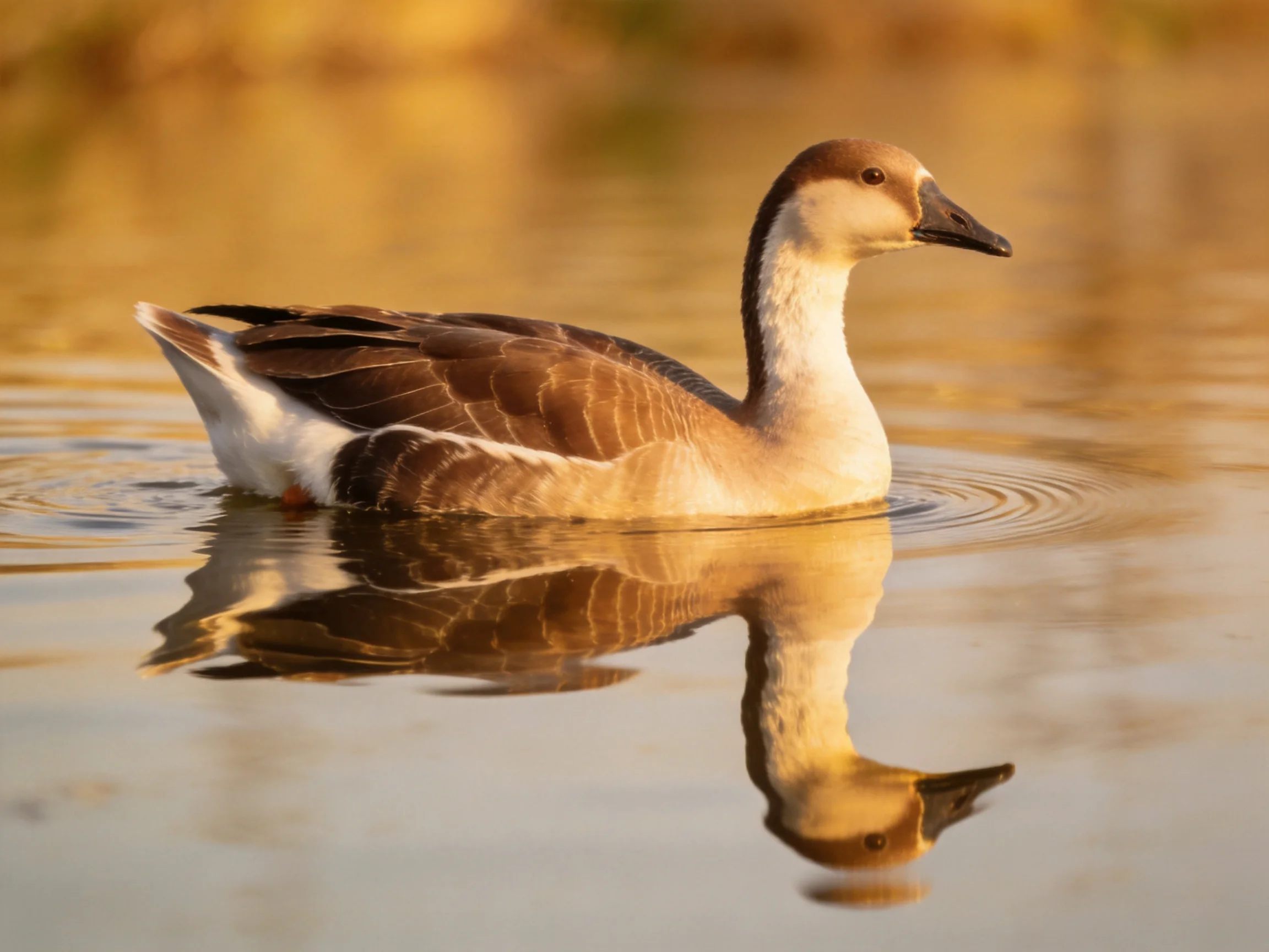 A brown and white duck swims in calm water with a clear reflection