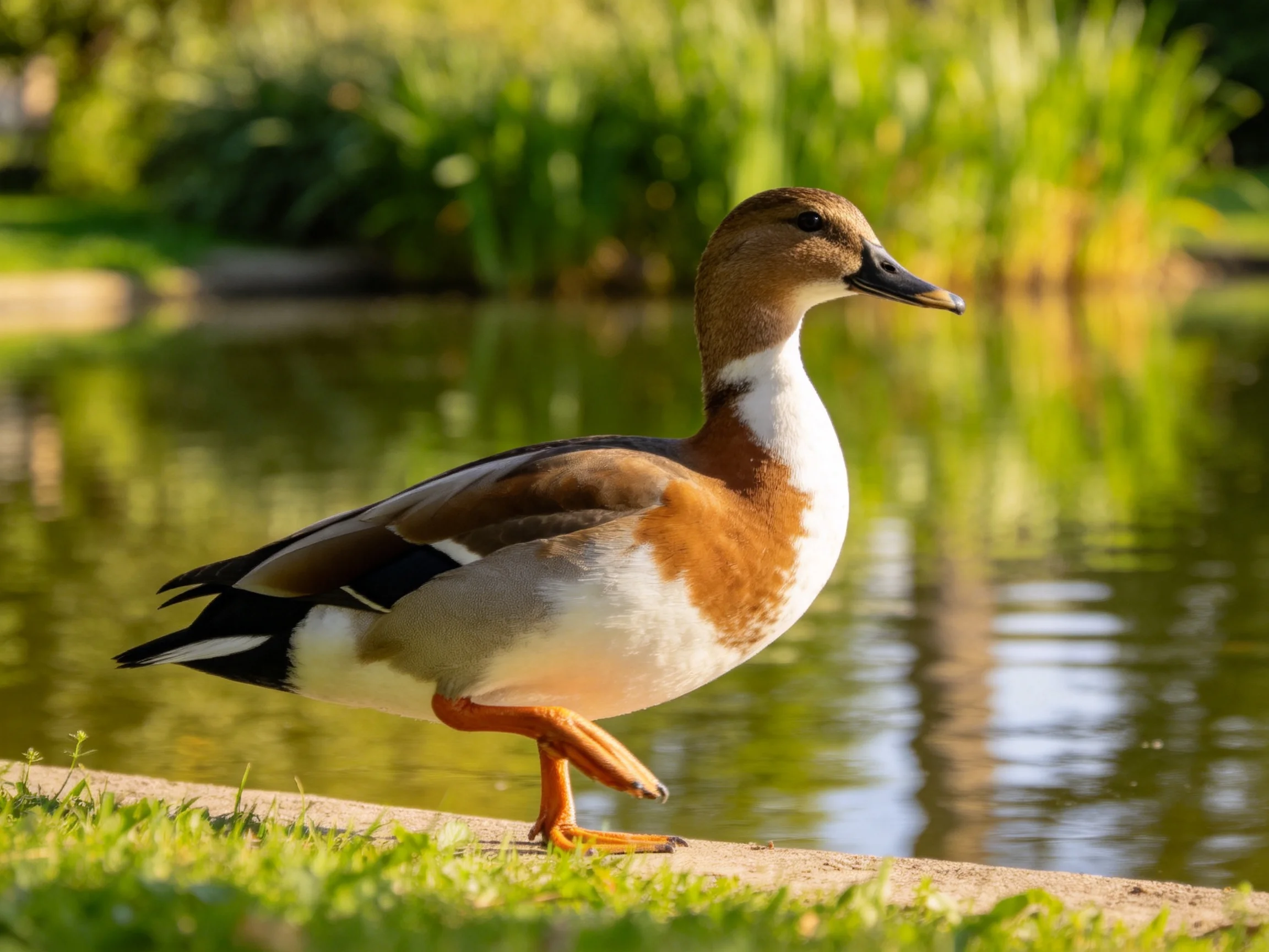 A brown and white duck with black wing markings walks near a calm pond