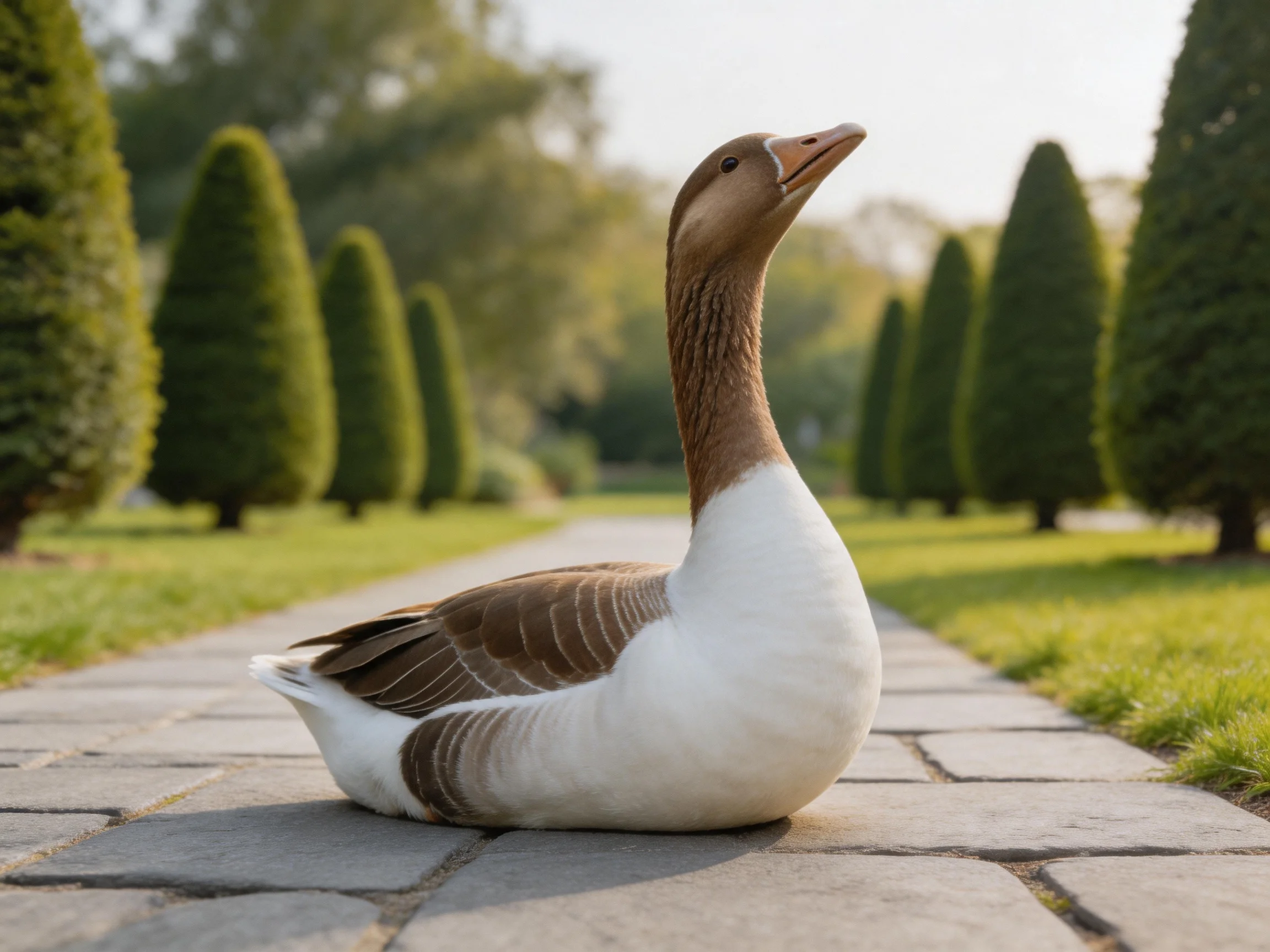 A brown and white goose rests on a stone path among manicured evergreen trees