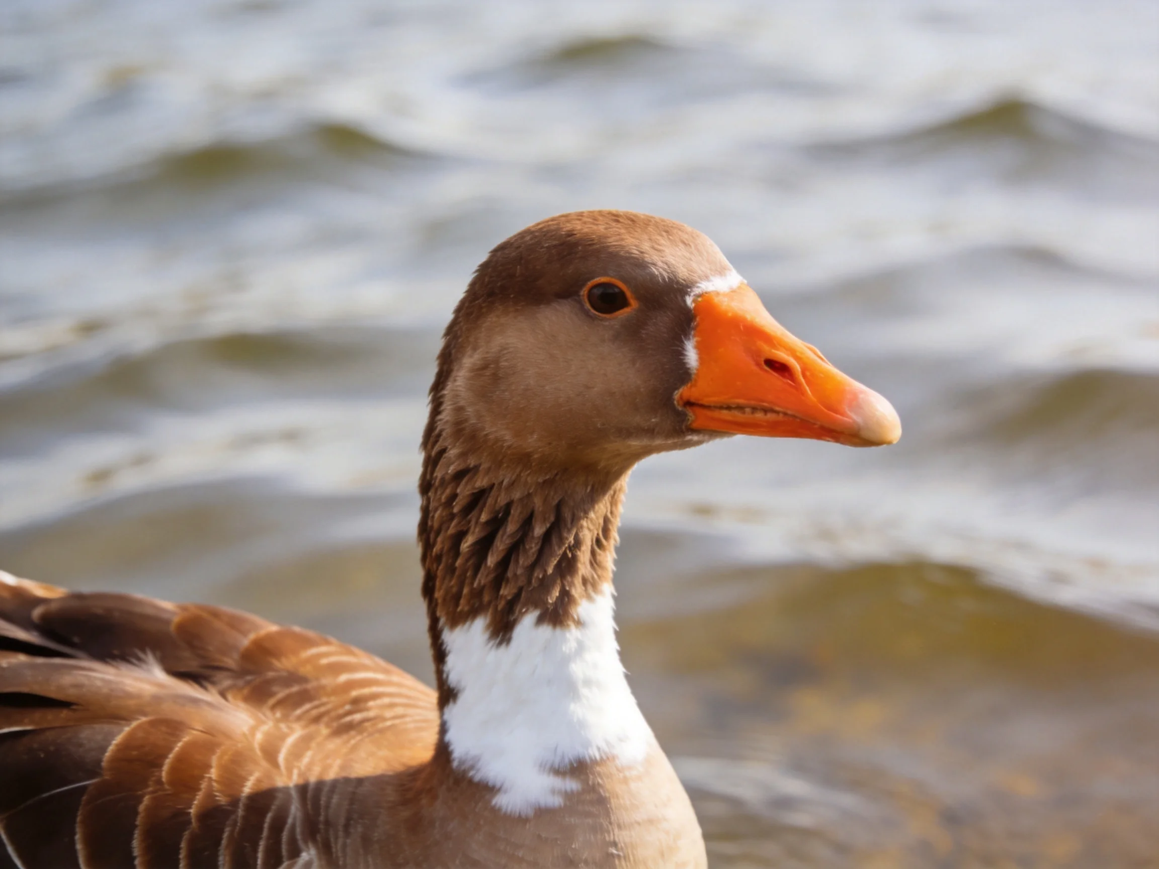 A brown and white goose with an orange beak near rippling water