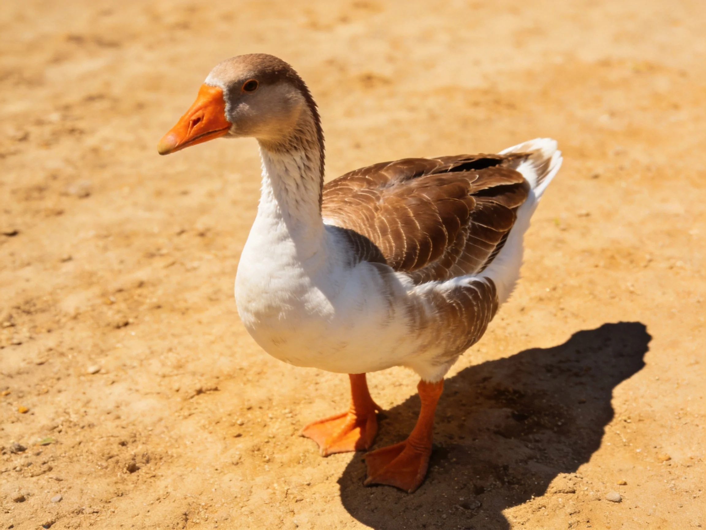 A brown and white goose with an orange beak stands on sandy ground