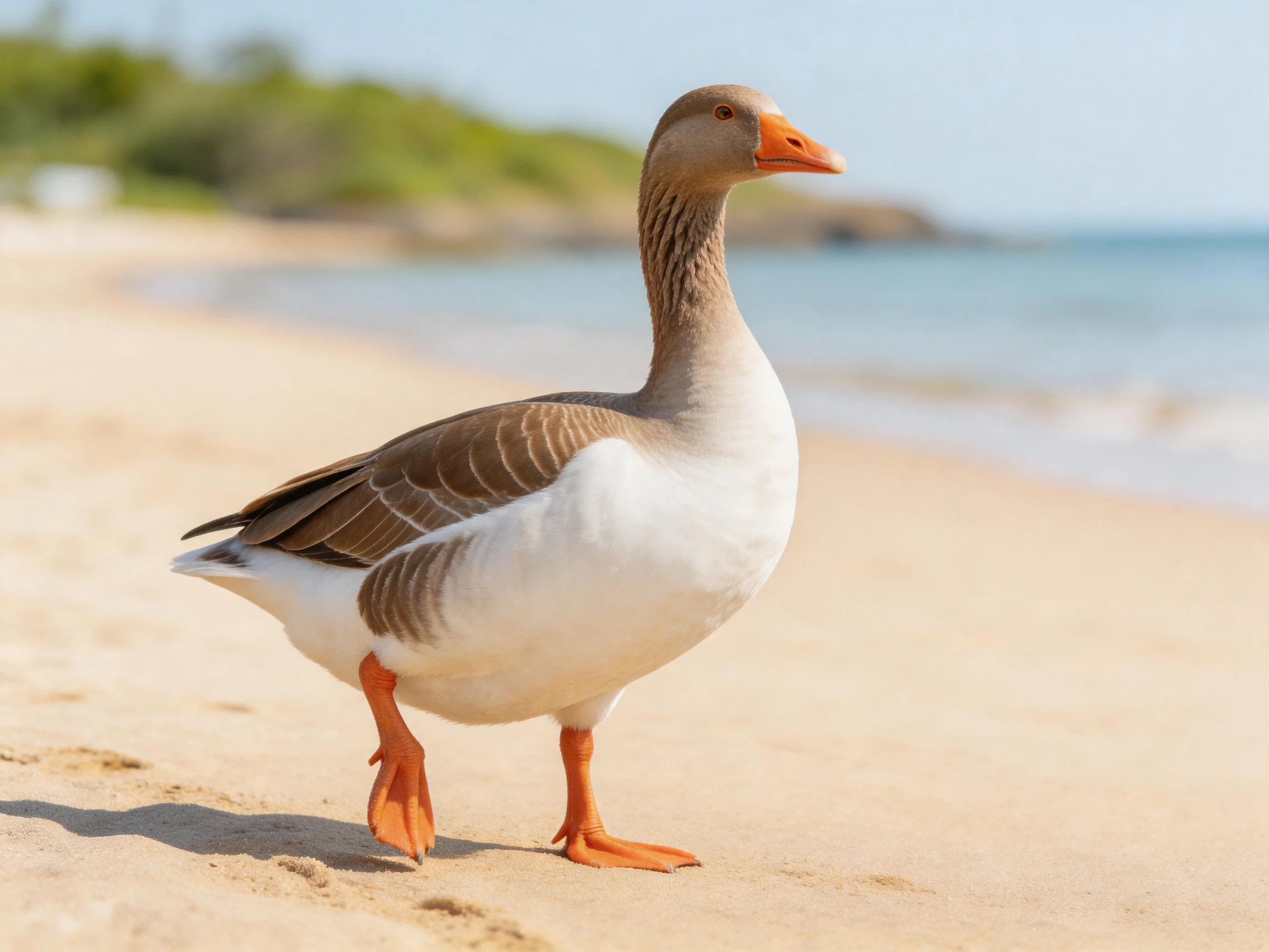 A brown-and-white goose with an orange beak walks on a sandy beach near the ocean
