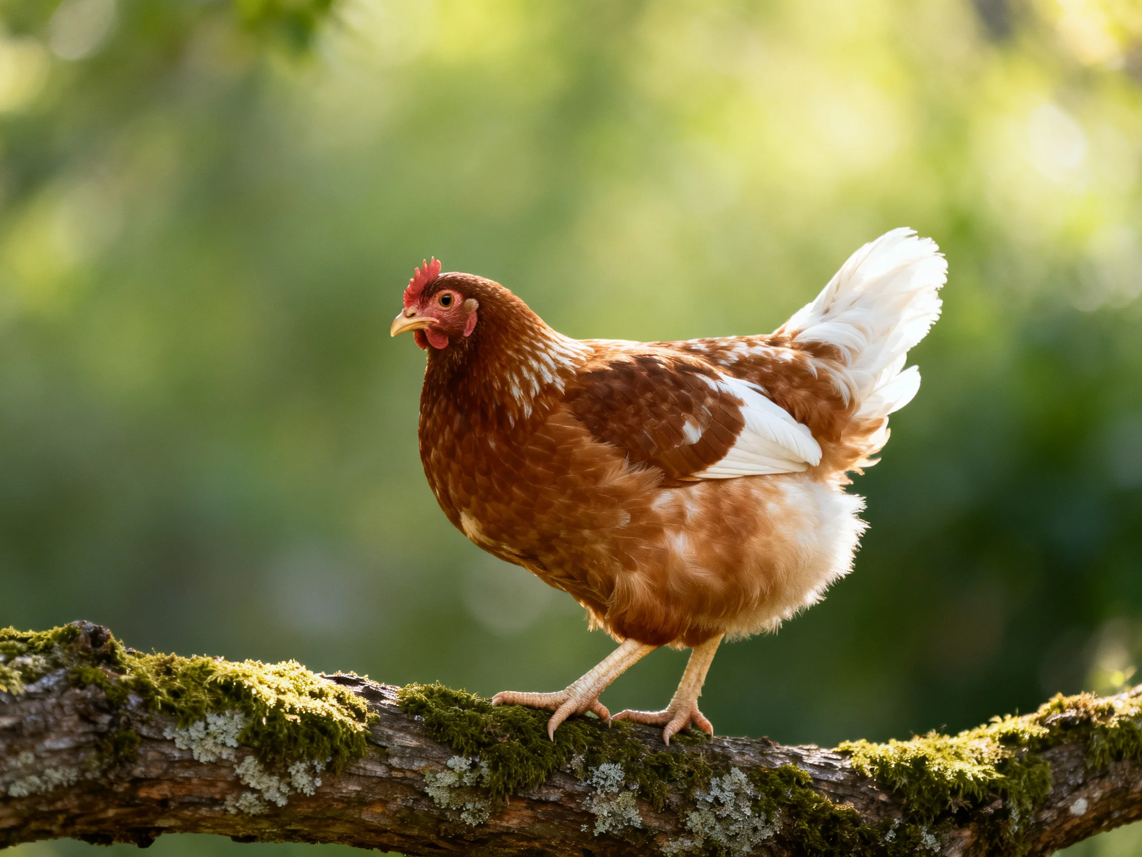 A brown and white hen perched on a moss-covered tree branch