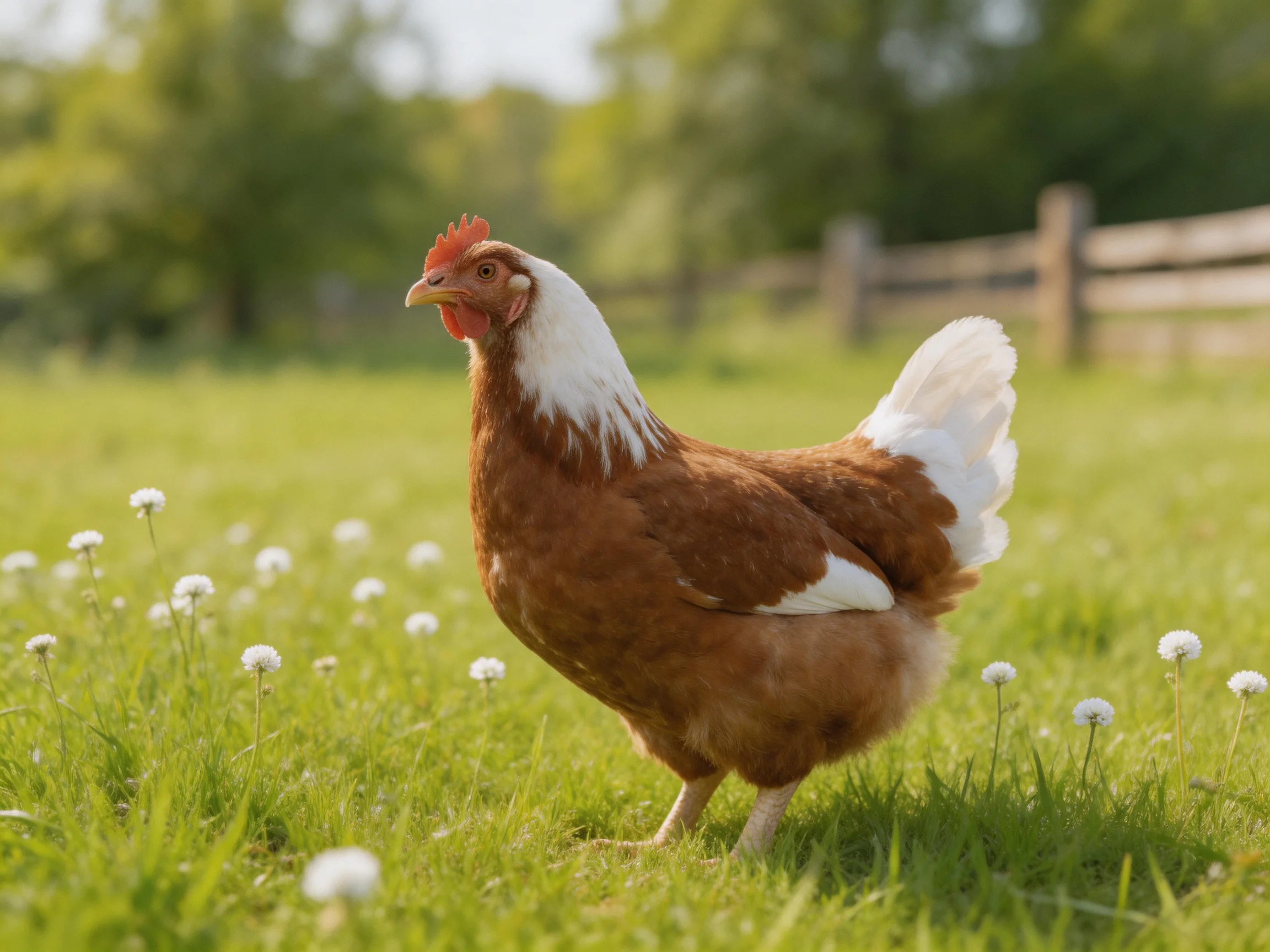 A brown and white hen roams a green meadow with small white flowers