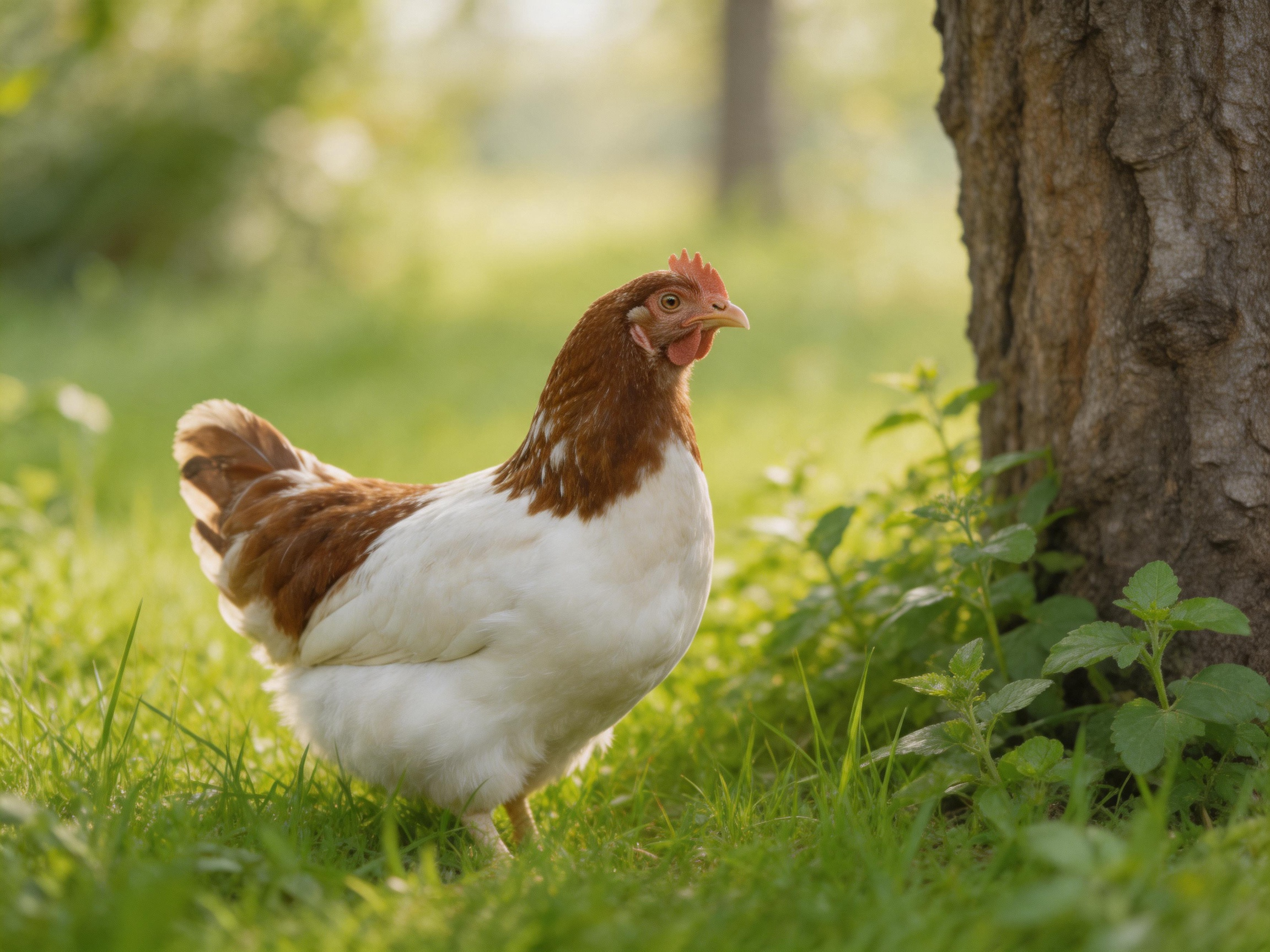 A brown and white hen stands near a large tree in sunlit grass