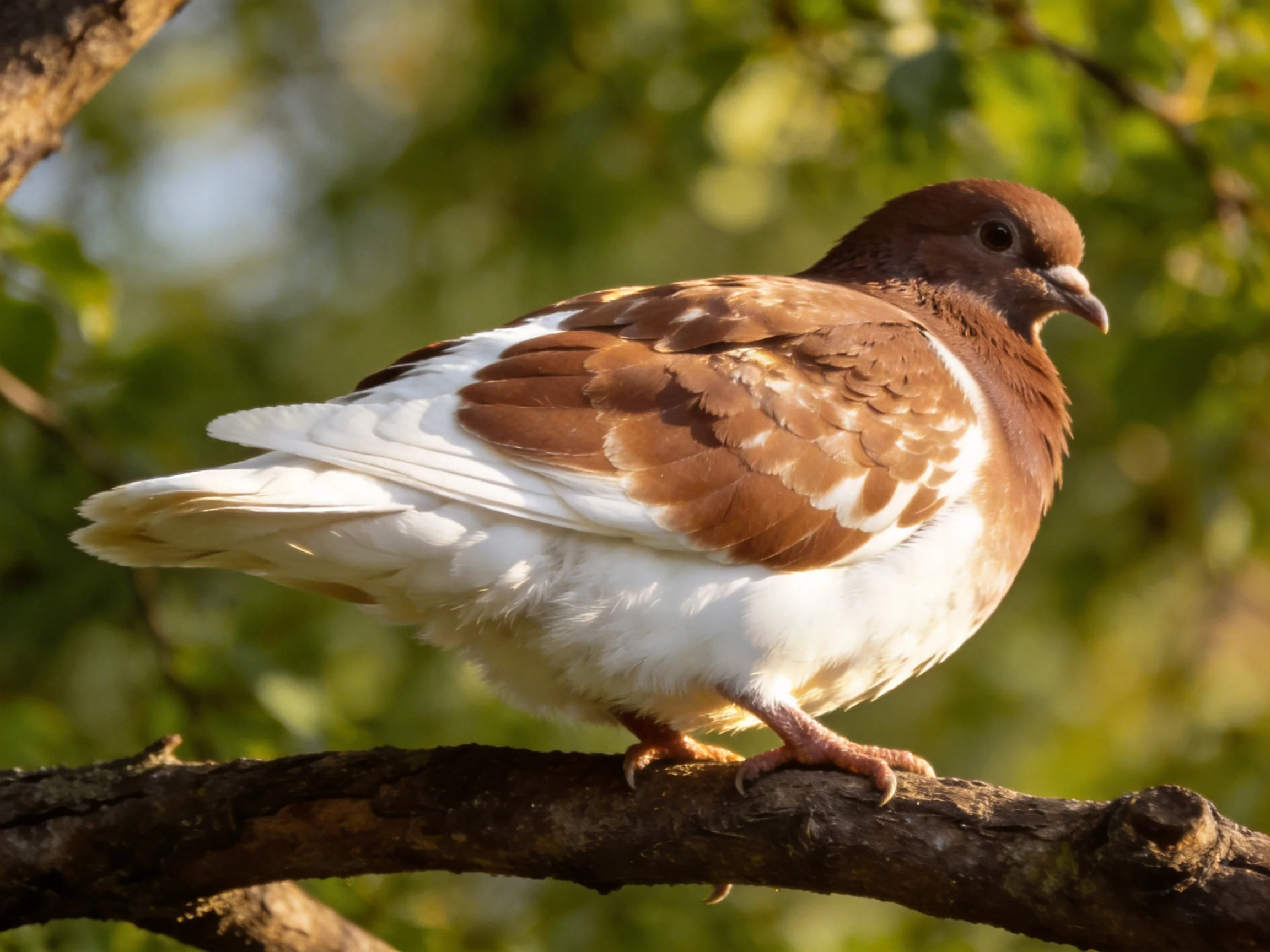 A brown and white pigeon perched on a tree branch with green foliage