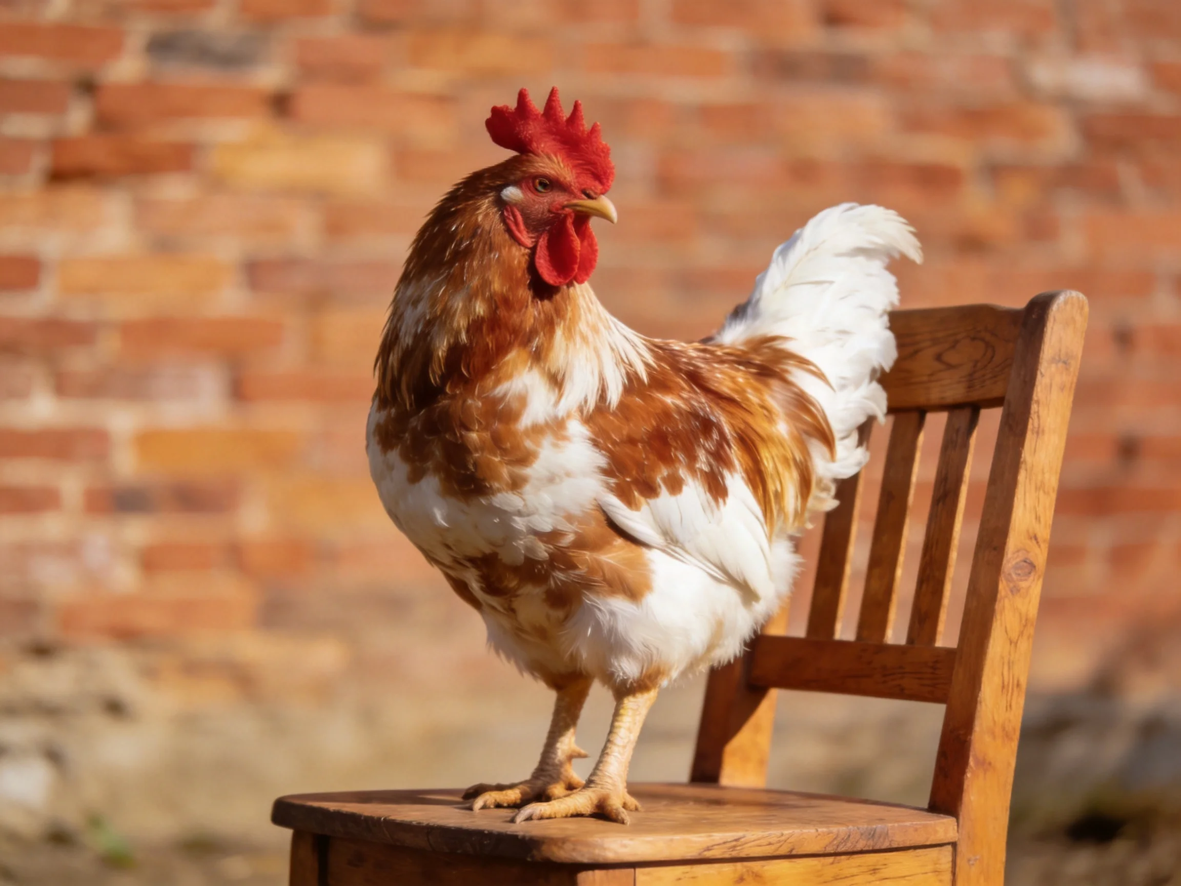 A brown and white rooster perched on a wooden chair near a brick wall