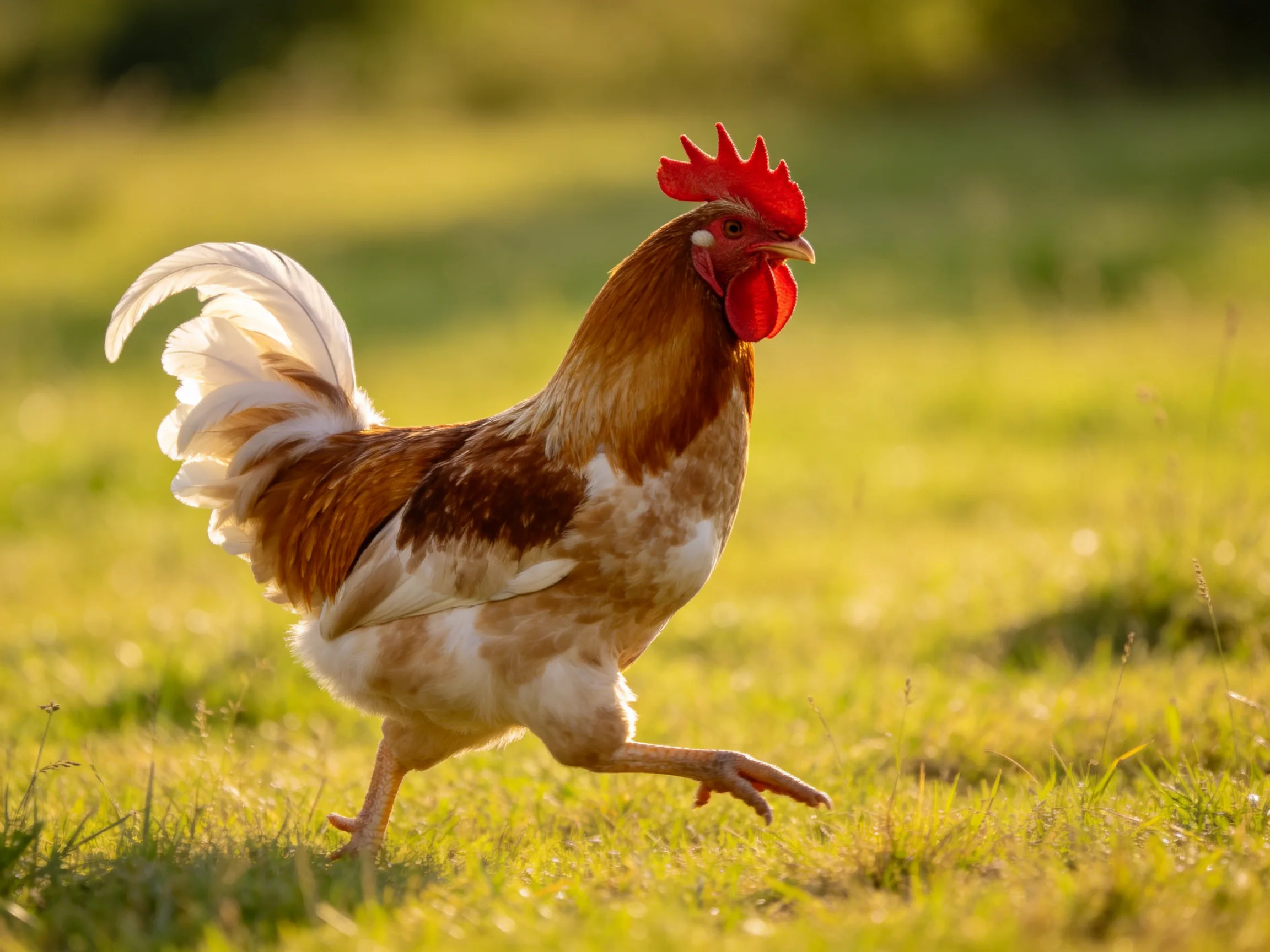 A brown and white rooster runs through a sunlit green field