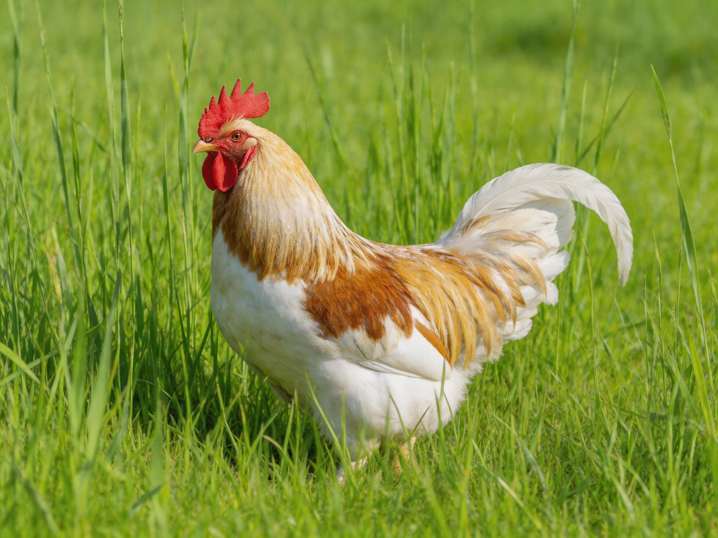 A rooster with brown and white plumage is in a field of tall green grass