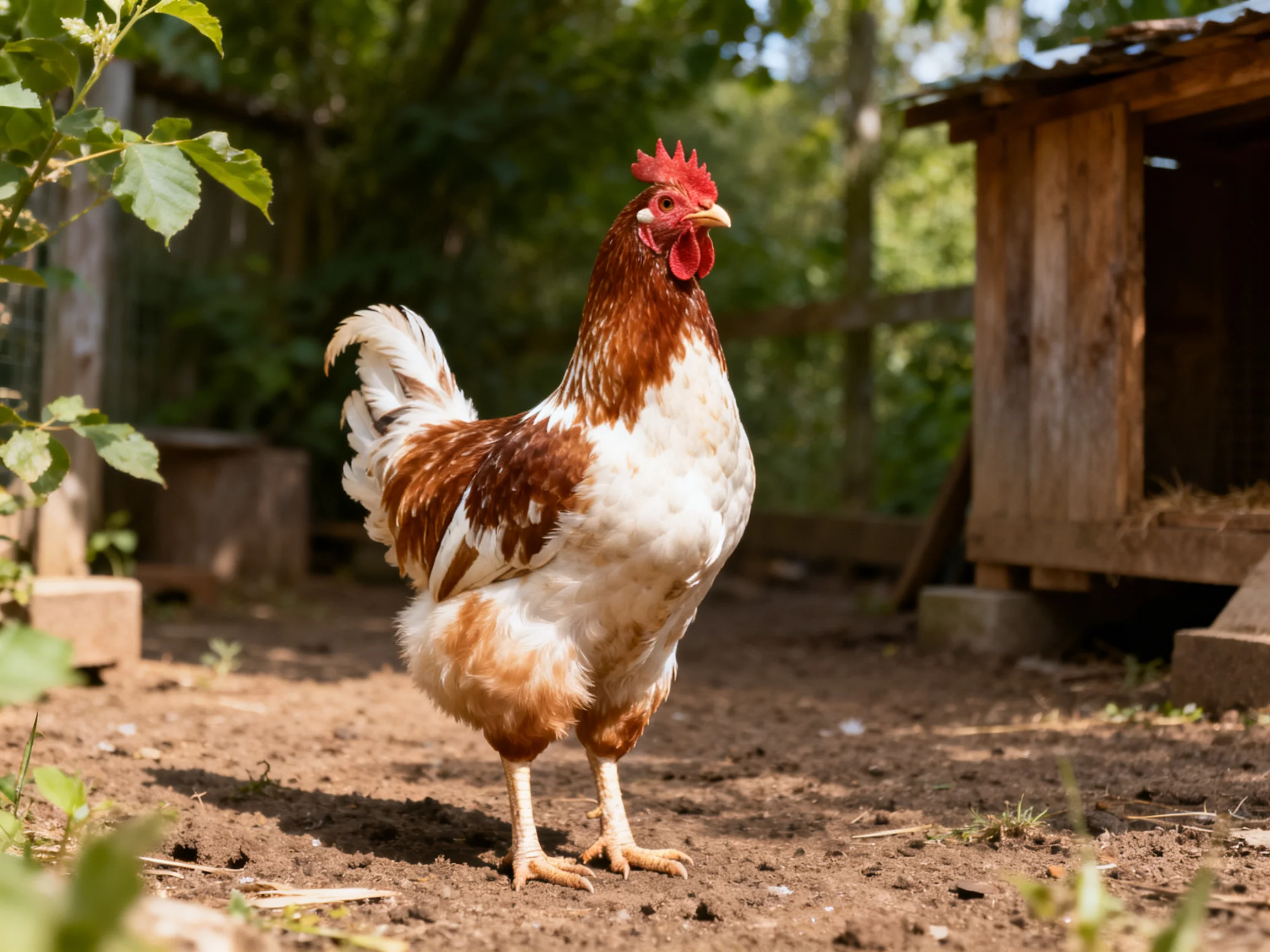 A brown and white rooster stands near a rustic wooden chicken coop